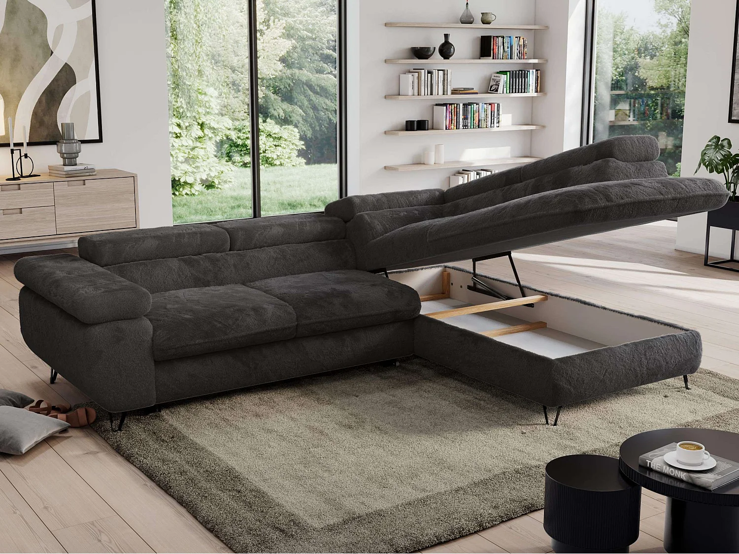Ecksofa PEDRO - L-Form mit Schlaffunktion 200x125 cm, verstellbaren Kopfstützen - Anthrazit Plüsch - Ecke Rechts