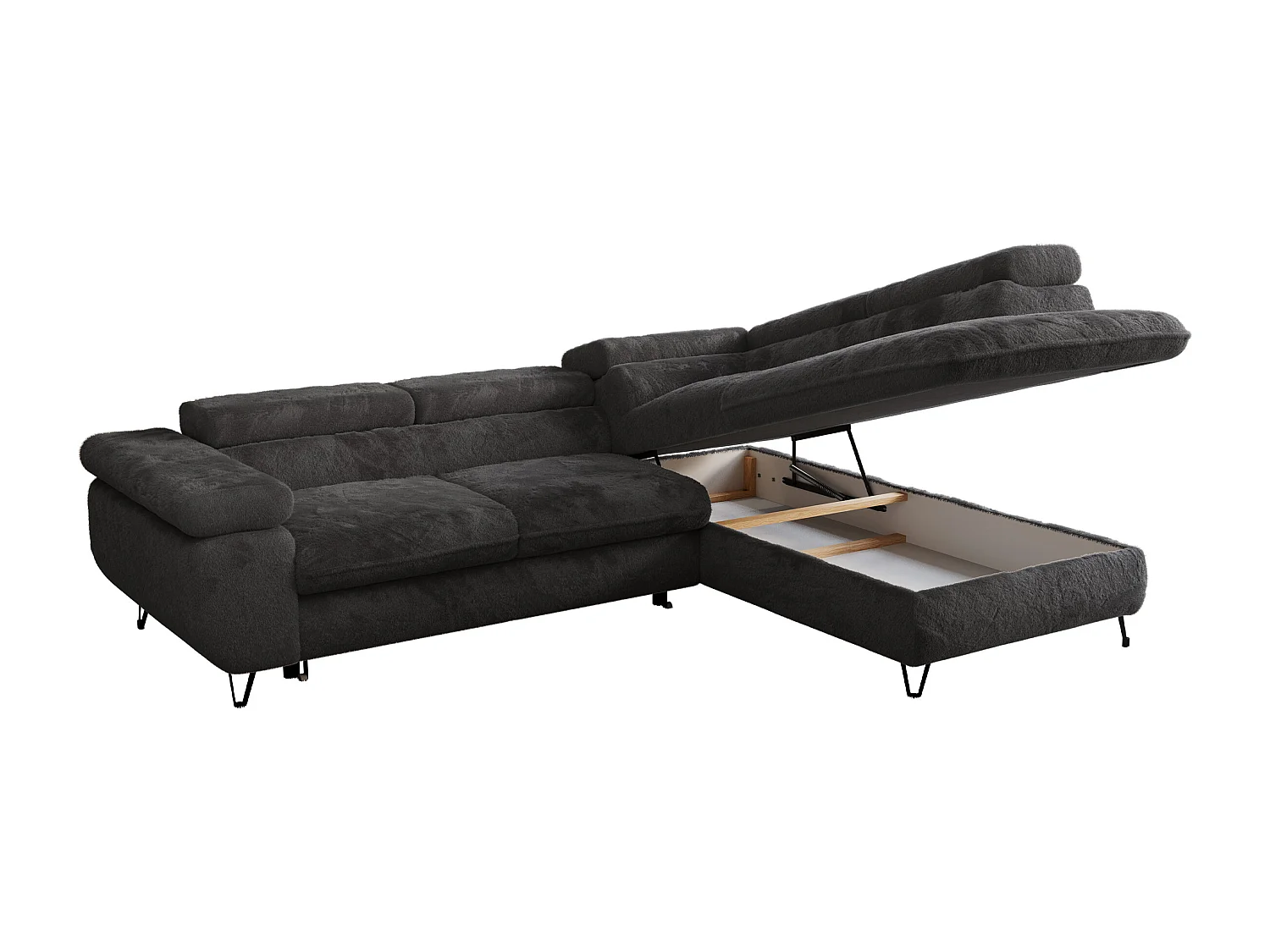 Ecksofa PEDRO - L-Form mit Schlaffunktion 200x125 cm, verstellbaren Kopfstützen - Anthrazit Plüsch - Ecke Rechts