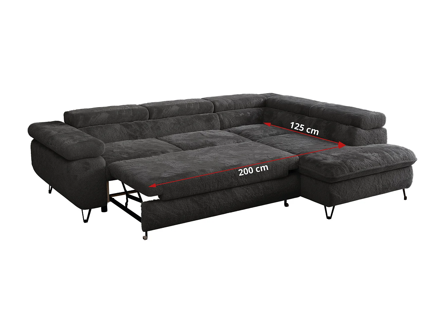 Ecksofa PEDRO - L-Form mit Schlaffunktion 200x125 cm, verstellbaren Kopfstützen - Anthrazit Plüsch - Ecke Rechts