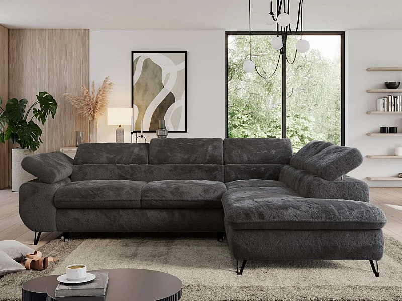 Ecksofa PEDRO - L-Form mit Schlaffunktion 200x125 cm, verstellbaren Kopfstützen - Anthrazit Plüsch - Ecke Rechts