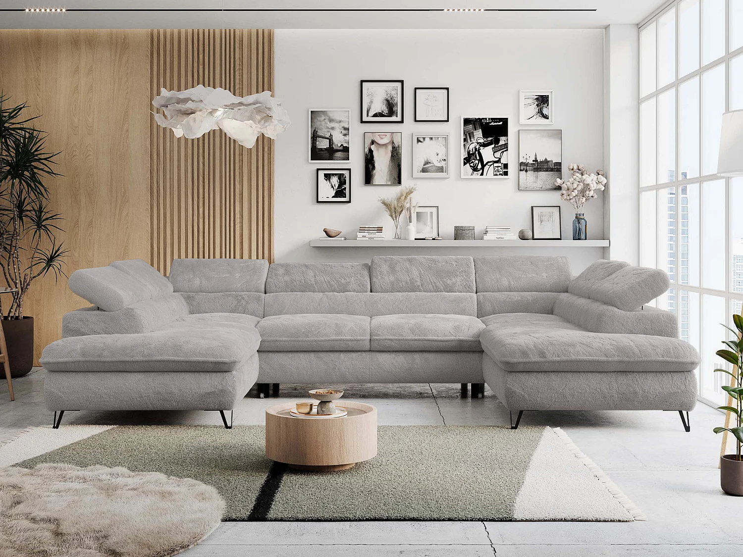 Ecksofa PETER U - schlaffunktion und Bettkästen, verstellbare Kopfstützen - Aschgrau Plüsch