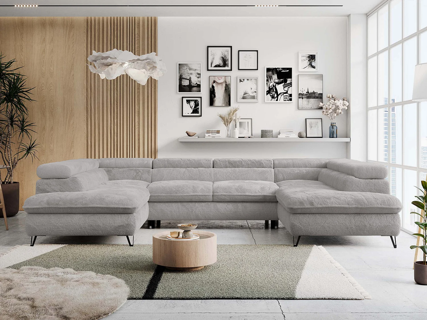 Ecksofa PETER U - schlaffunktion und Bettkästen, verstellbare Kopfstützen - Aschgrau Plüsch