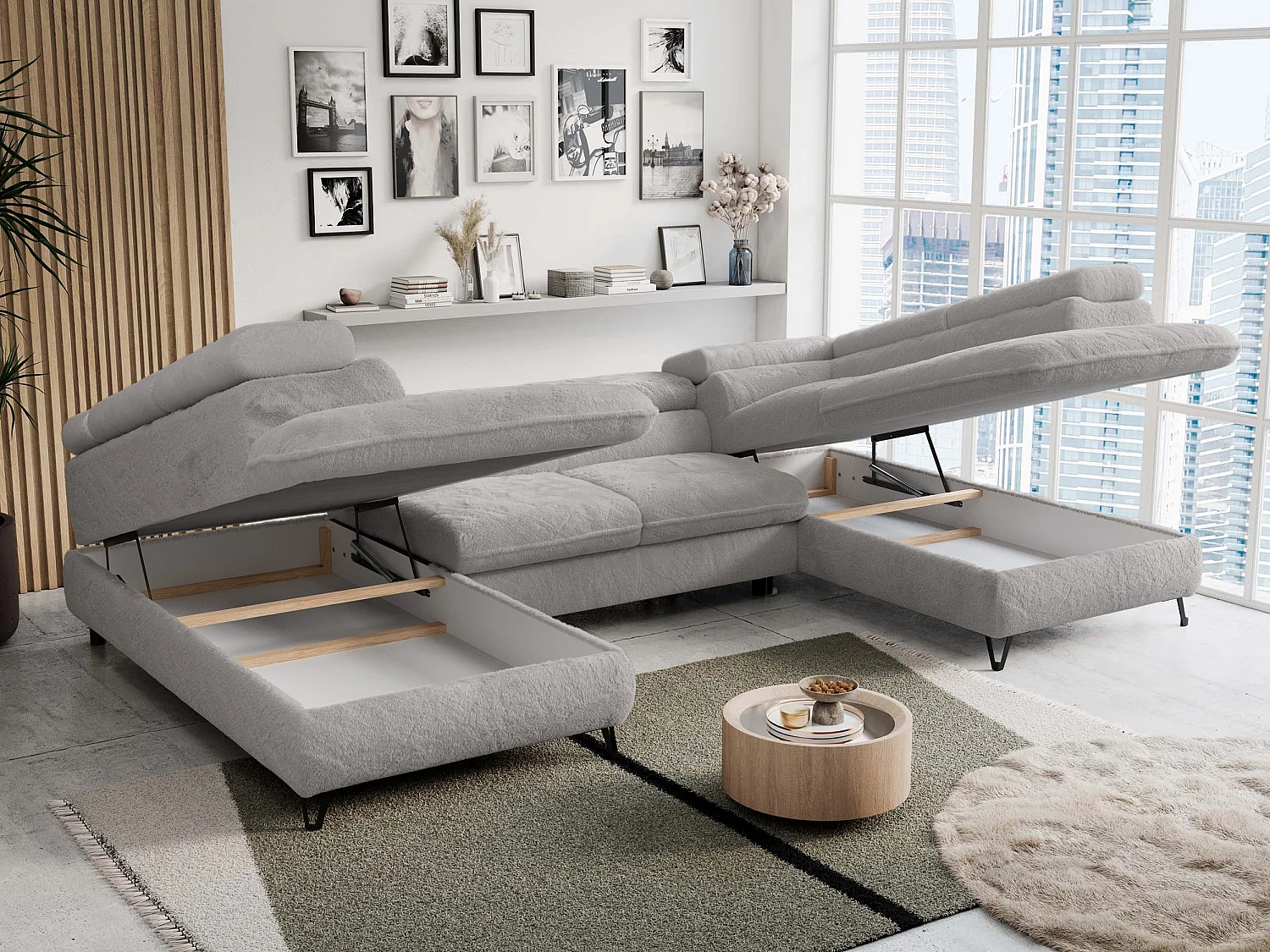 Ecksofa PETER U - schlaffunktion und Bettkästen, verstellbare Kopfstützen - Aschgrau Plüsch