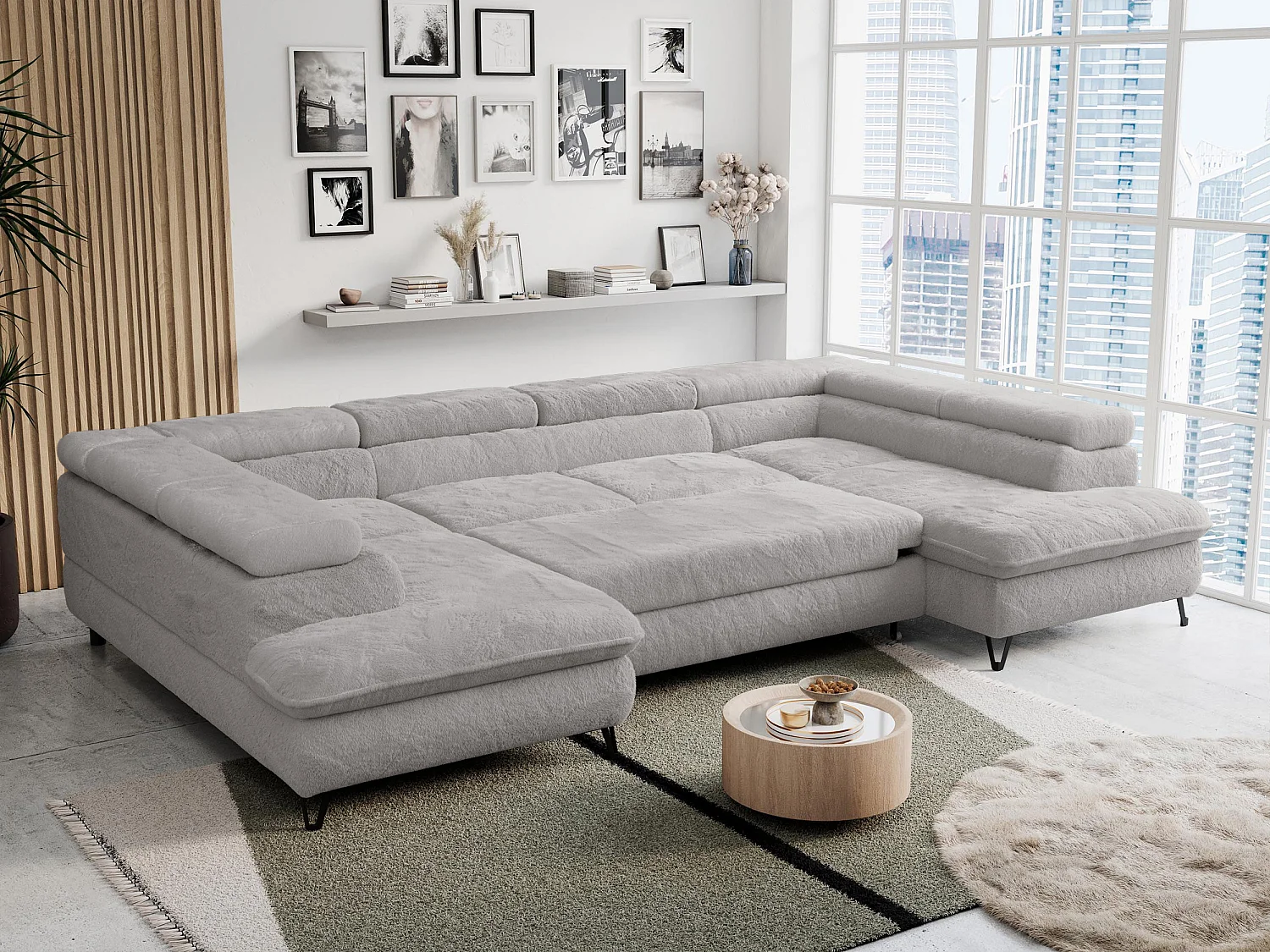 Ecksofa PETER U - schlaffunktion und Bettkästen, verstellbare Kopfstützen - Aschgrau Plüsch