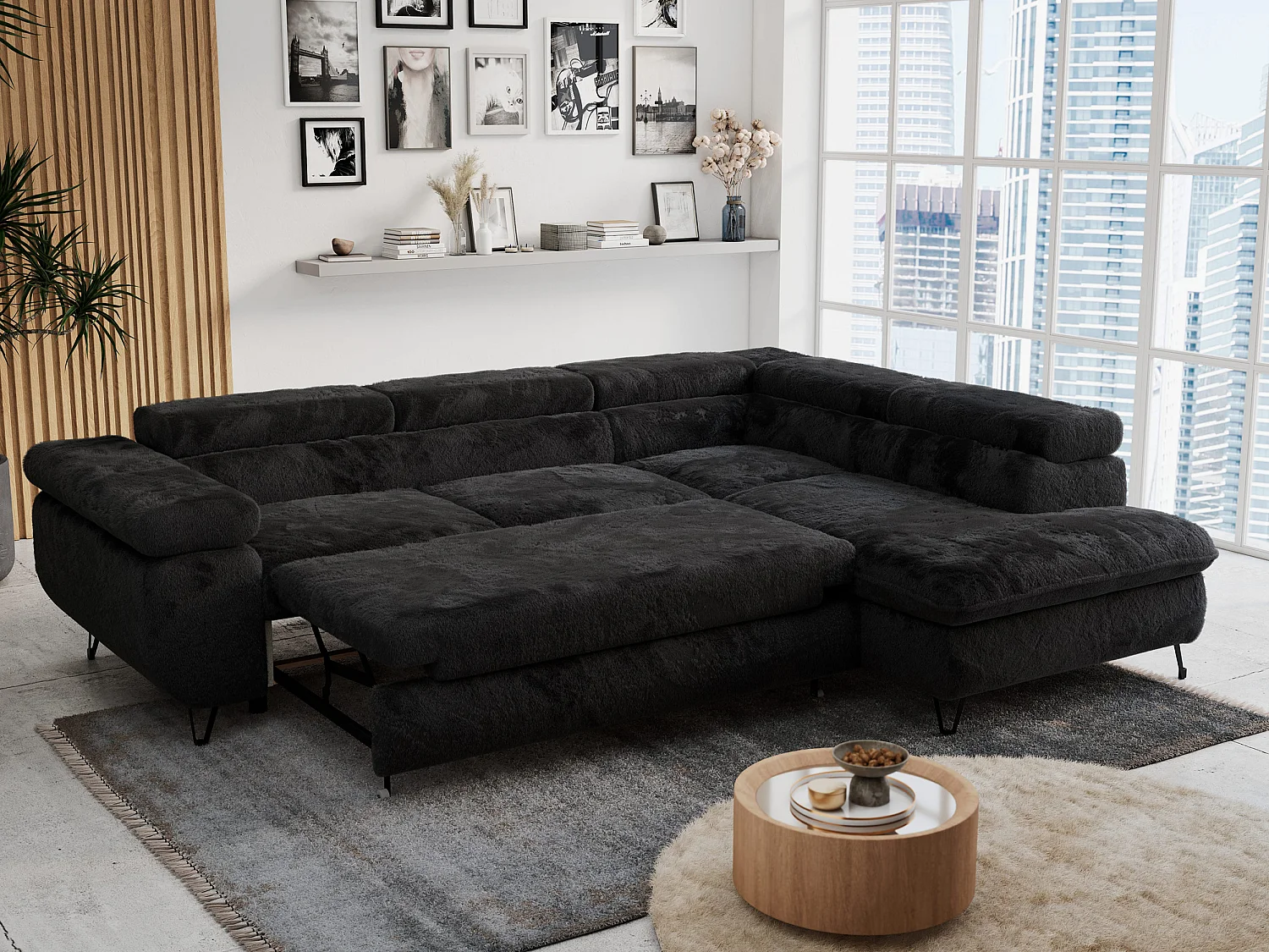 Ecksofa PETER verstellbare Kopfstütze, schlaffunktion - Schwarz Plüsch - Ecke Rechts