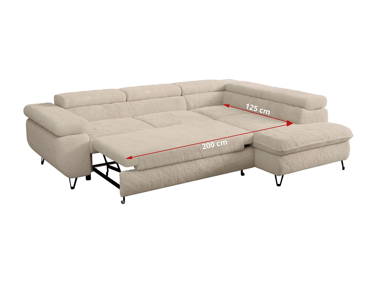 Ecksofa PETER verstellbare Kopfstütze, schlaffunktion - Creme Plüsch - Ecke Rechts