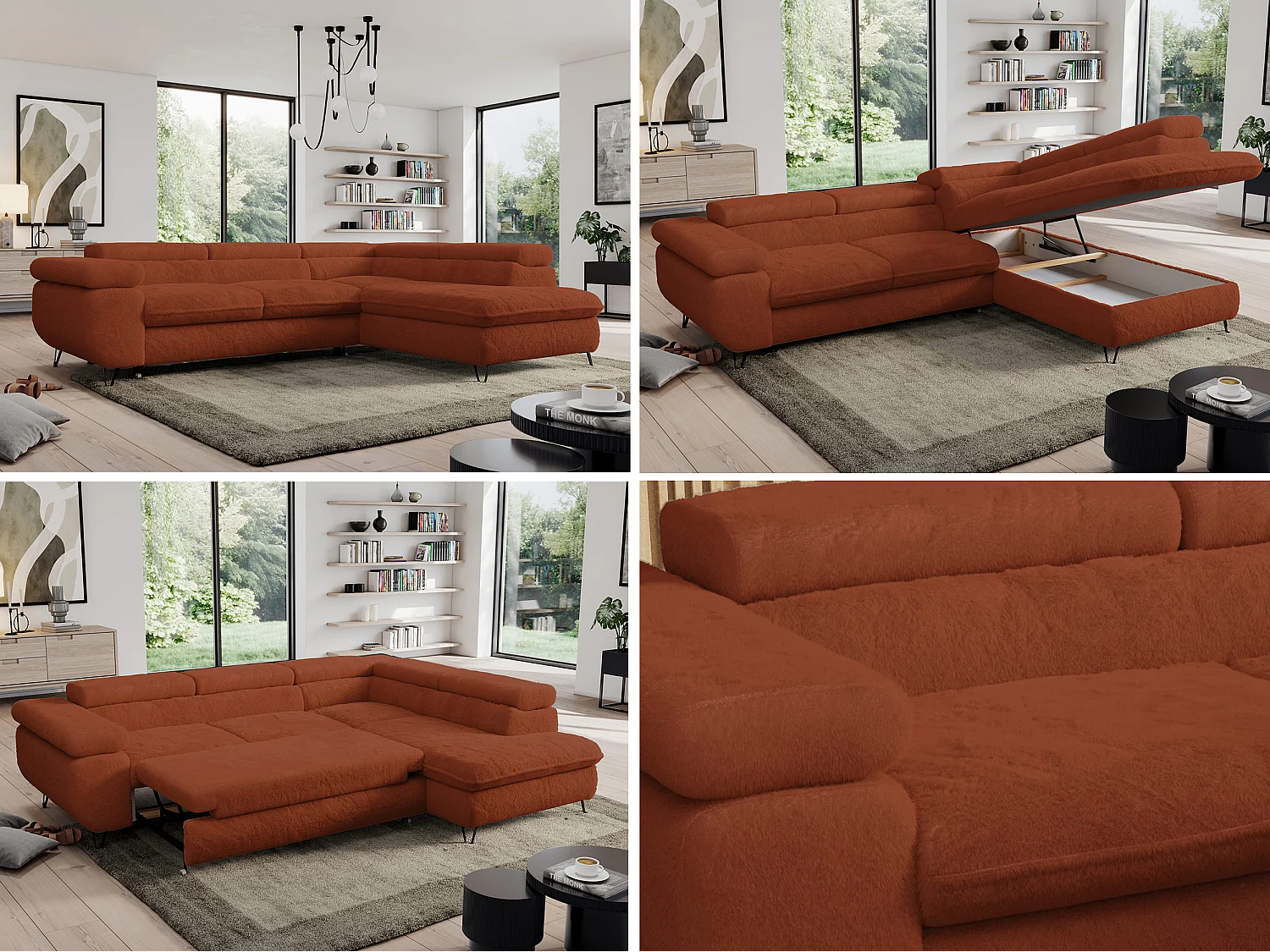 Ecksofa PEDRO - L-Form mit Schlaffunktion 200x125 cm, verstellbaren Kopfstützen - Terracotta Plüsch - Ecke Rechts