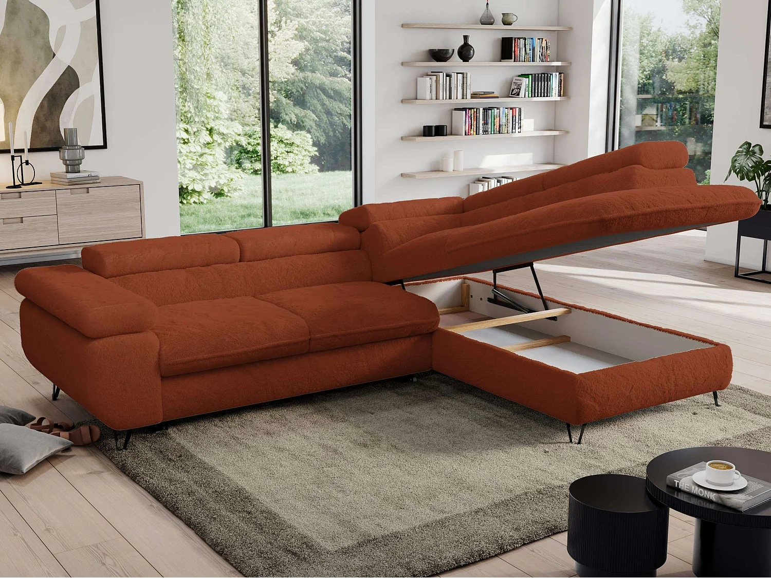 Ecksofa PEDRO - L-Form mit Schlaffunktion 200x125 cm, verstellbaren Kopfstützen - Terracotta Plüsch - Ecke Rechts