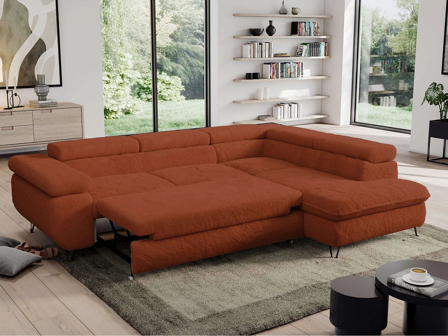 Ecksofa PEDRO - L-Form mit Schlaffunktion 200x125 cm, verstellbaren Kopfstützen - Terracotta Plüsch - Ecke Rechts