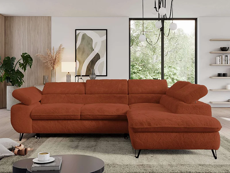 Ecksofa PEDRO - L-Form mit Schlaffunktion 200x125 cm, verstellbaren Kopfstützen - Terracotta Plüsch - Ecke Rechts