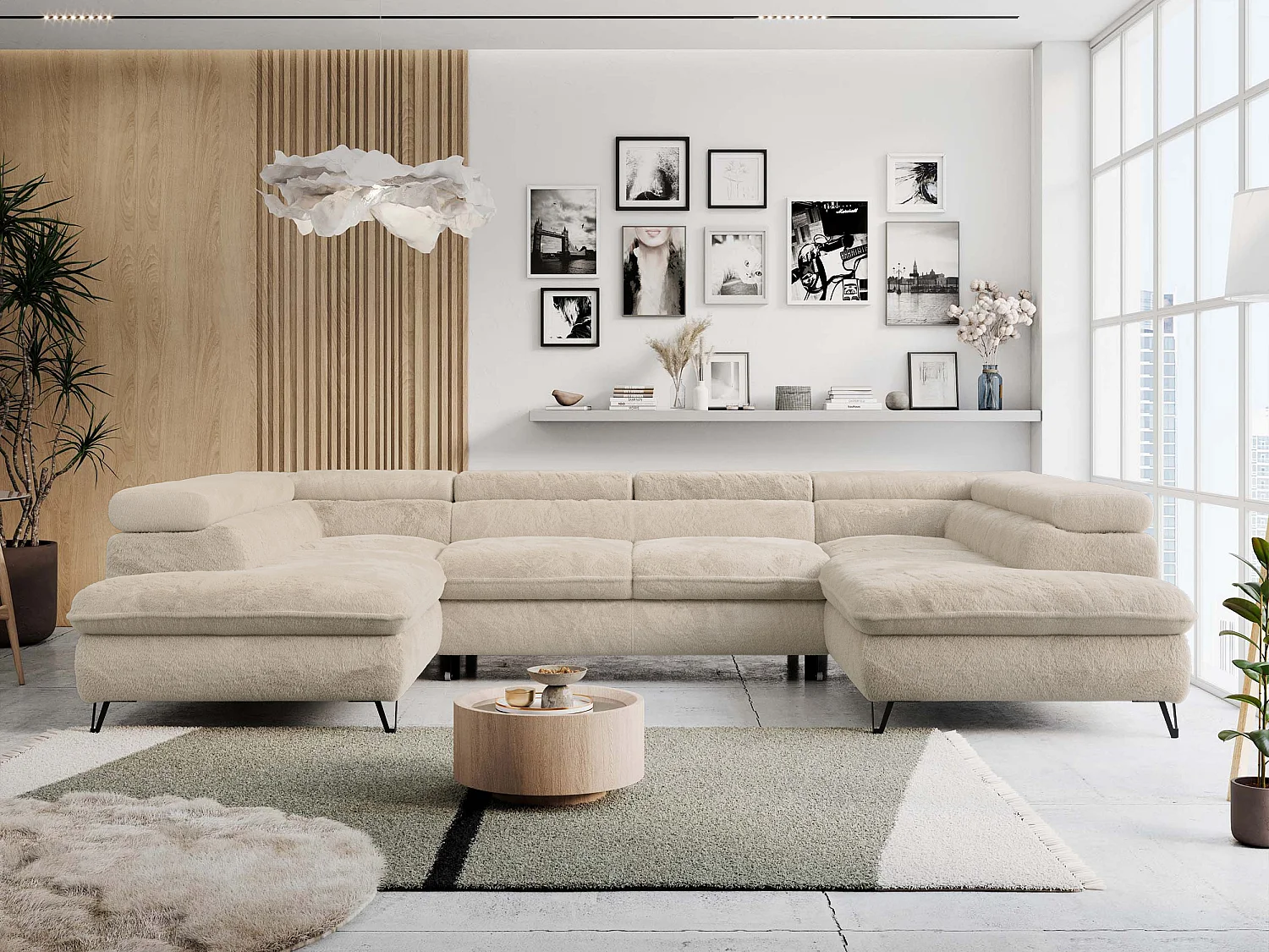 Ecksofa PETER U - schlaffunktion und Bettkästen, verstellbare Kopfstützen - Creme Plüsch