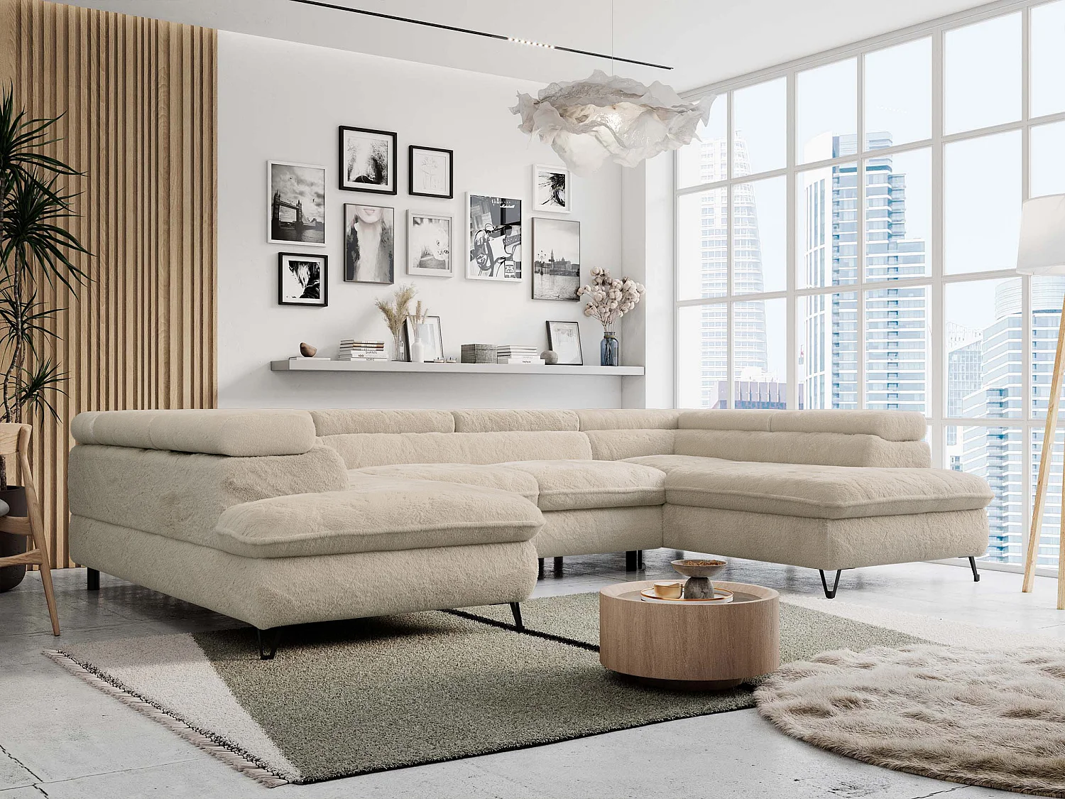 Ecksofa PETER U - schlaffunktion und Bettkästen, verstellbare Kopfstützen - Creme Plüsch