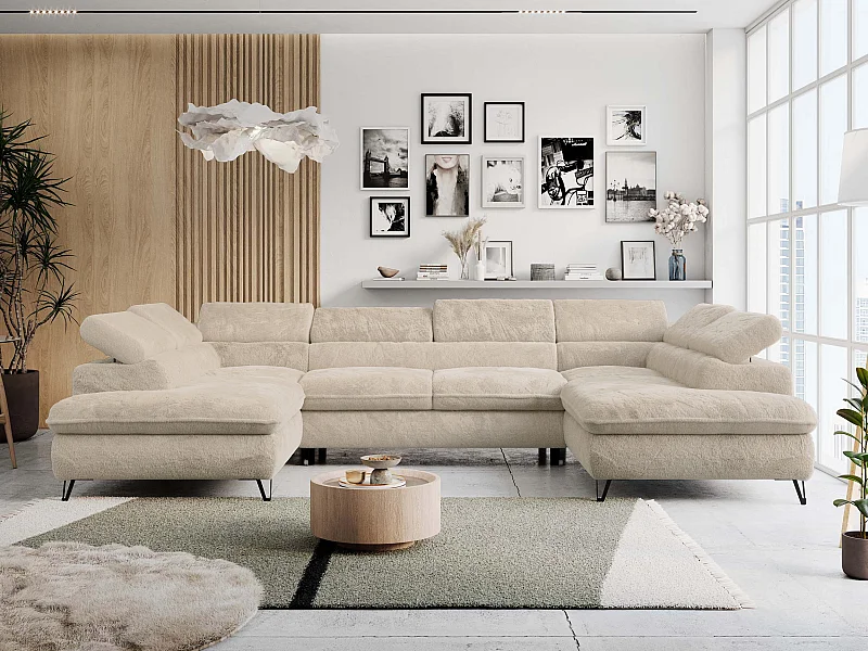 Ecksofa PETER U - schlaffunktion und Bettkästen, verstellbare Kopfstützen - Creme Plüsch