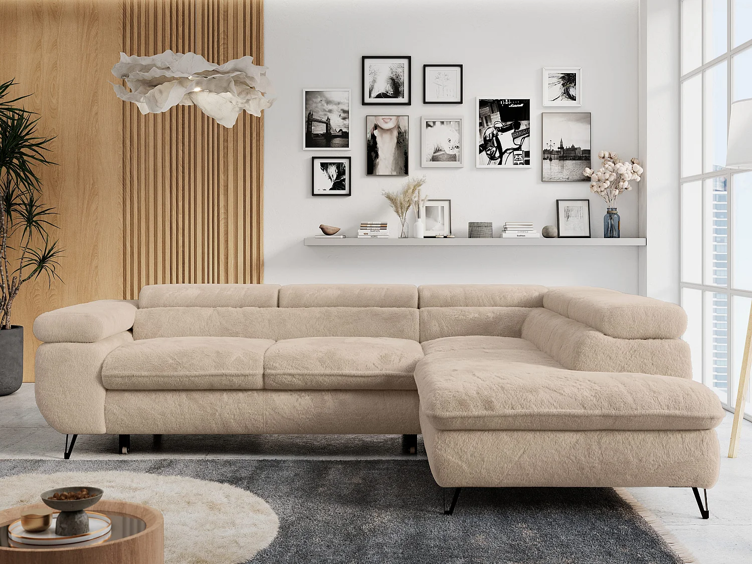 Ecksofa PETER verstellbare Kopfstütze, schlaffunktion - Ivory Plüsch - Ecke Rechts