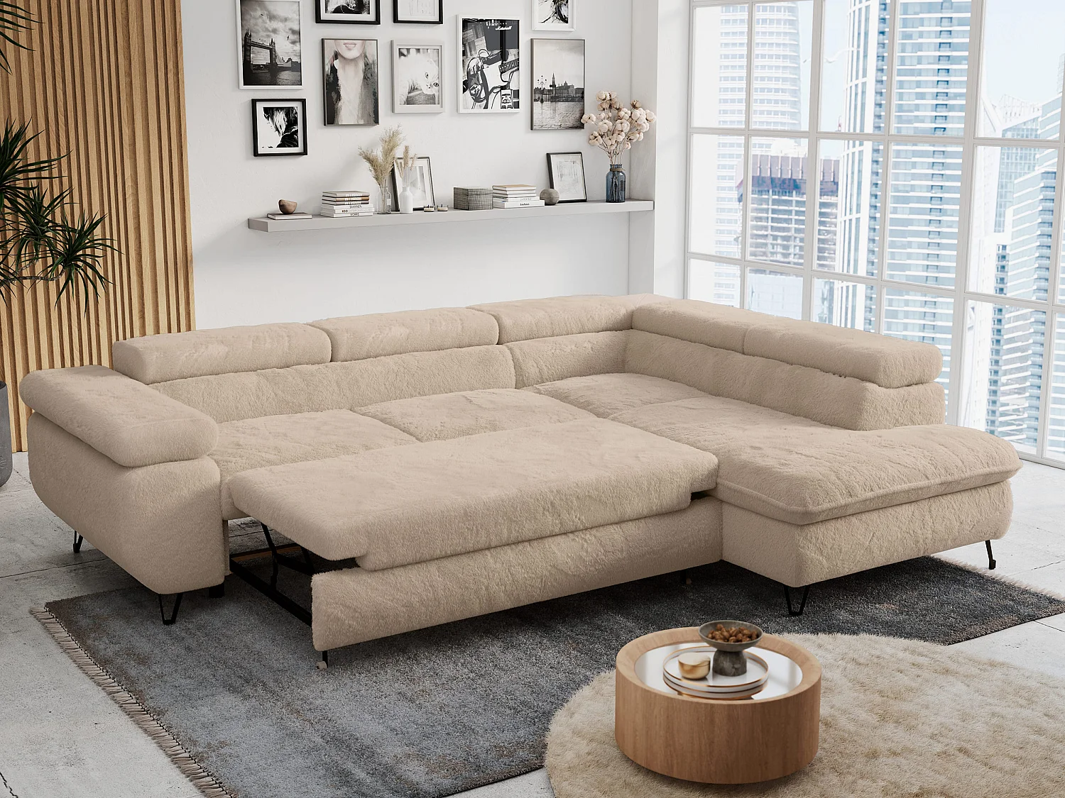 Ecksofa PETER verstellbare Kopfstütze, schlaffunktion - Ivory Plüsch - Ecke Rechts