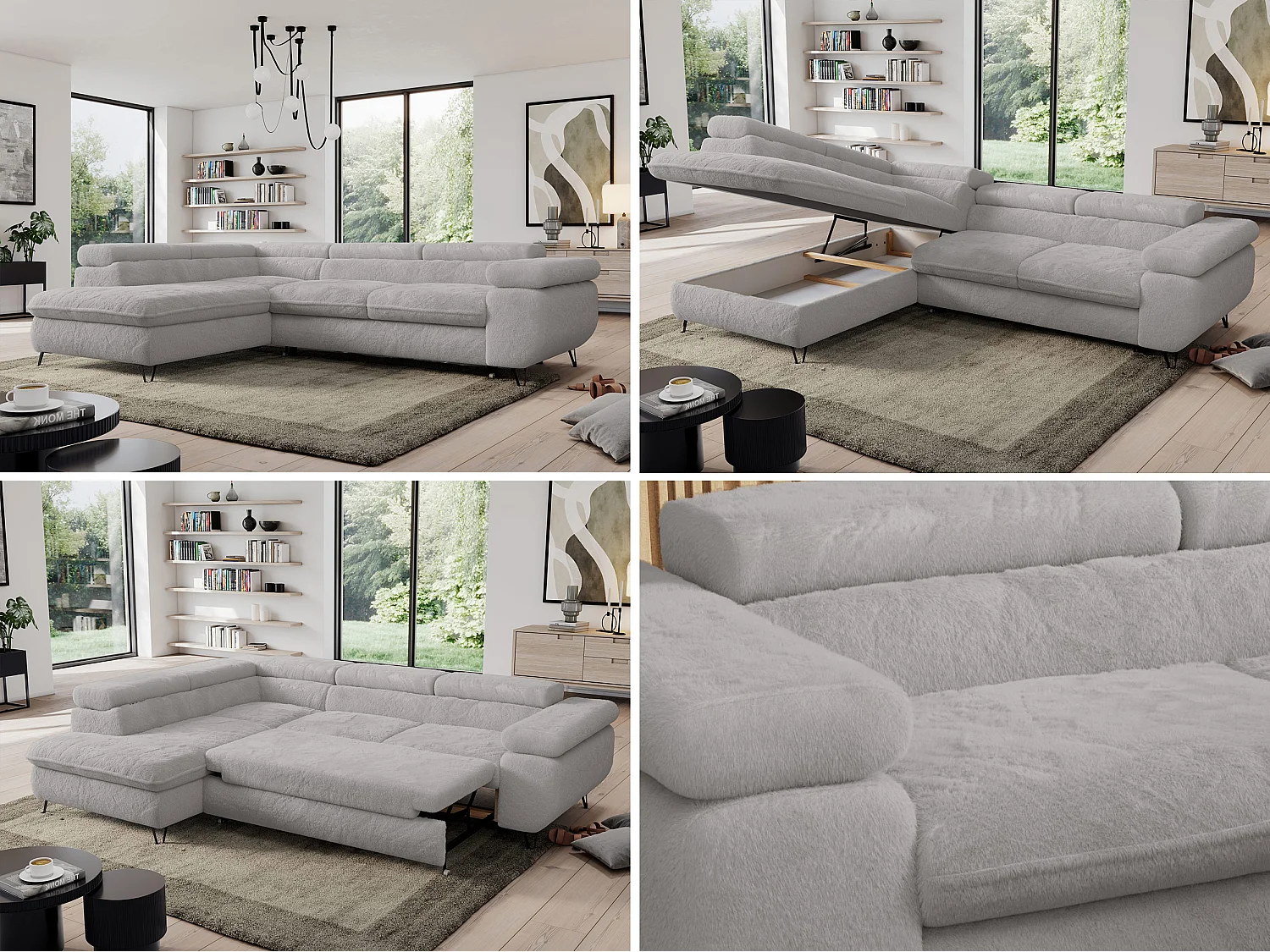 Ecksofa PEDRO - L-Form mit Schlaffunktion 200x125 cm, verstellbaren Kopfstützen - Aschgrau Plüsch - Ecke Links
