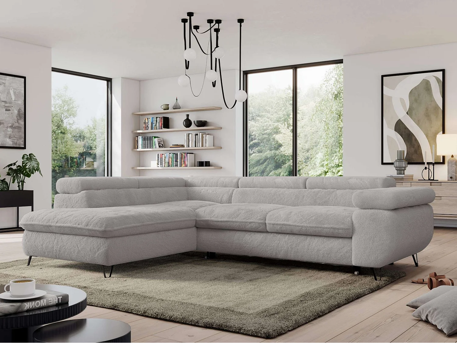 Ecksofa PEDRO - L-Form mit Schlaffunktion 200x125 cm, verstellbaren Kopfstützen - Aschgrau Plüsch - Ecke Links