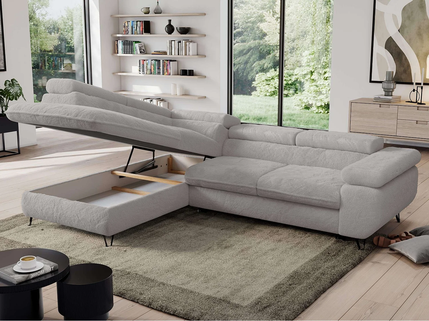 Ecksofa PEDRO - L-Form mit Schlaffunktion 200x125 cm, verstellbaren Kopfstützen - Aschgrau Plüsch - Ecke Links