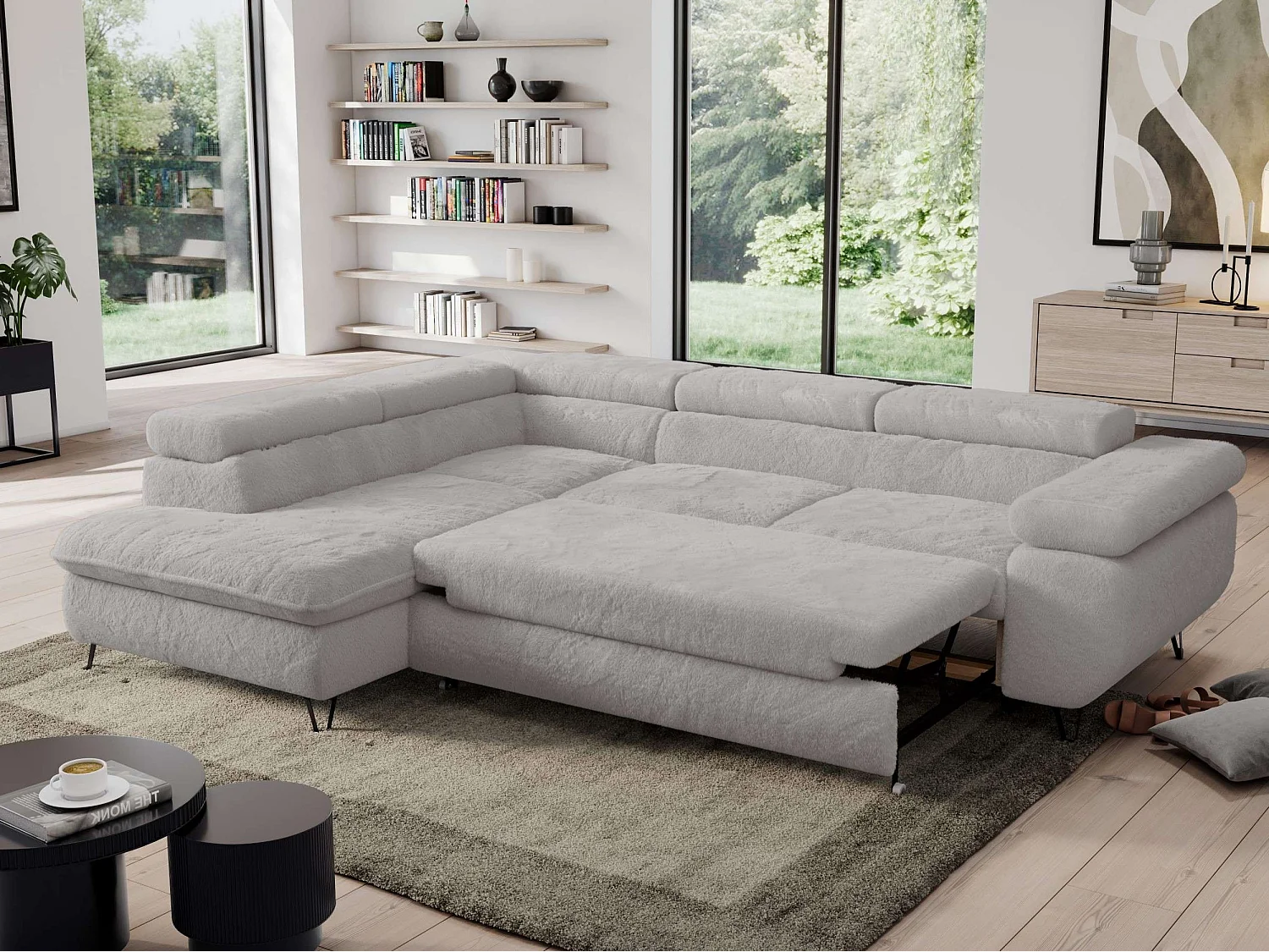 Ecksofa PEDRO - L-Form mit Schlaffunktion 200x125 cm, verstellbaren Kopfstützen - Aschgrau Plüsch - Ecke Links
