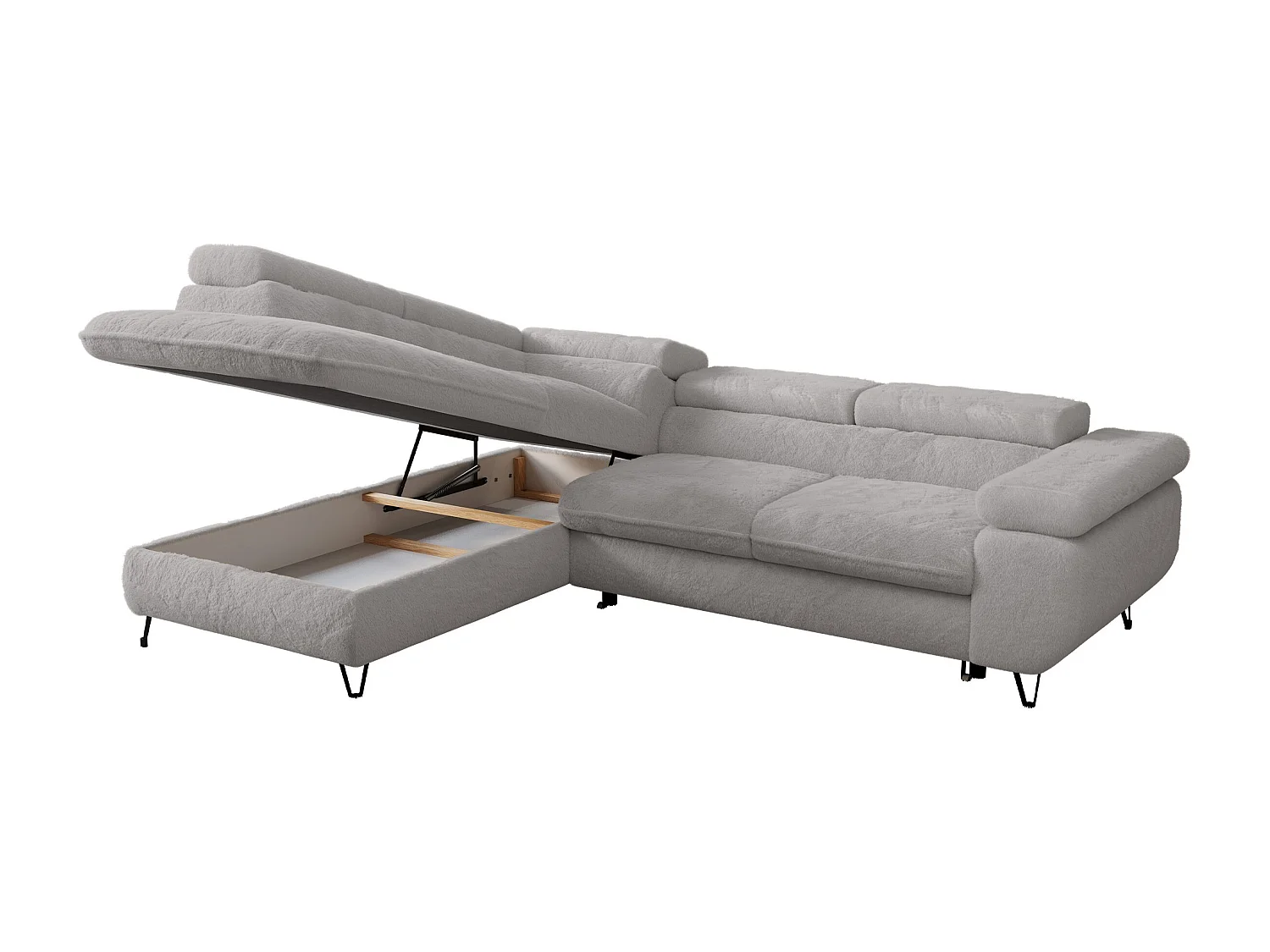 Ecksofa PEDRO - L-Form mit Schlaffunktion 200x125 cm, verstellbaren Kopfstützen - Aschgrau Plüsch - Ecke Links