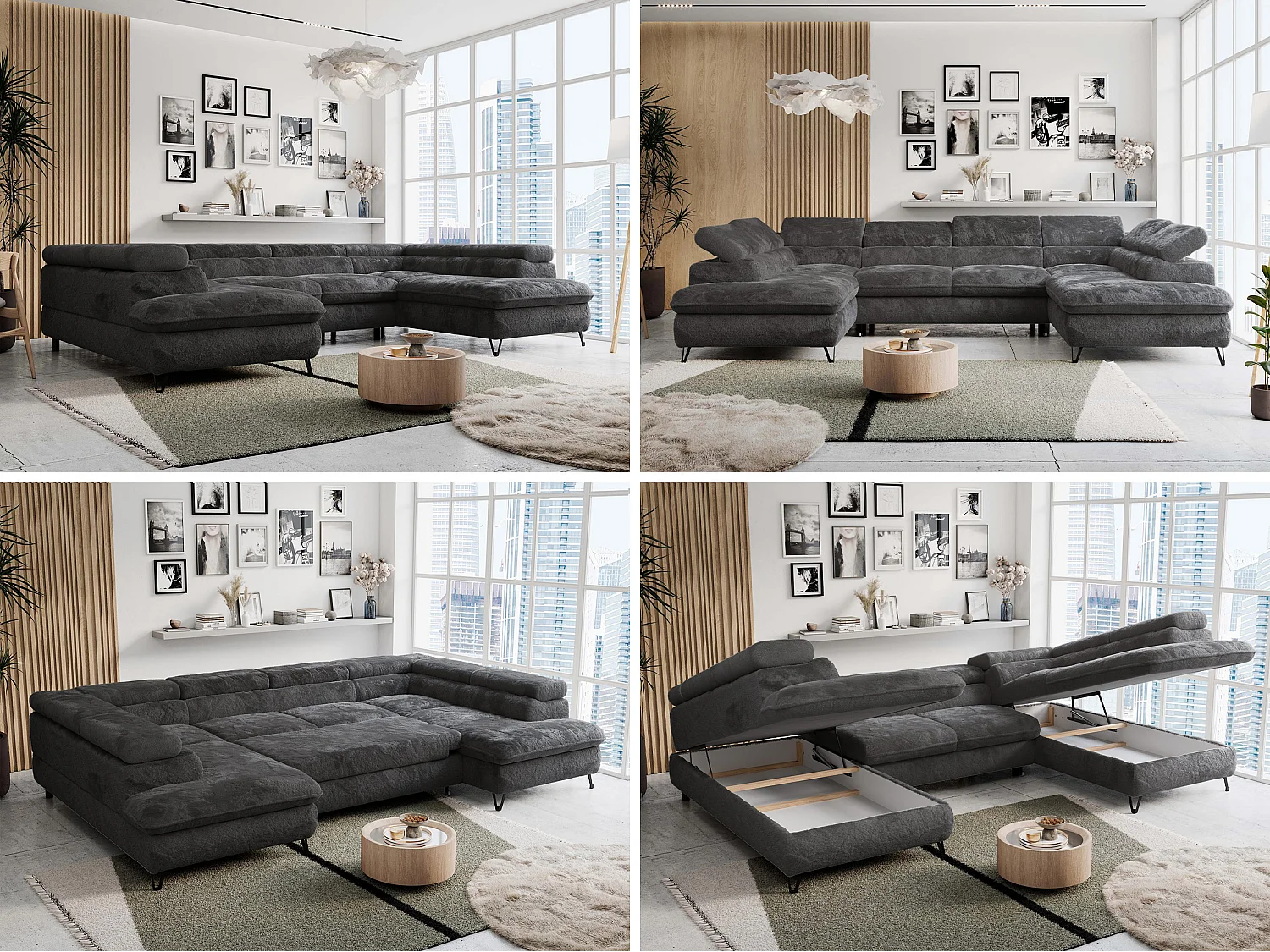 Ecksofa PETER U - schlaffunktion und Bettkästen, verstellbare Kopfstützen - Anthrazit Plüsch