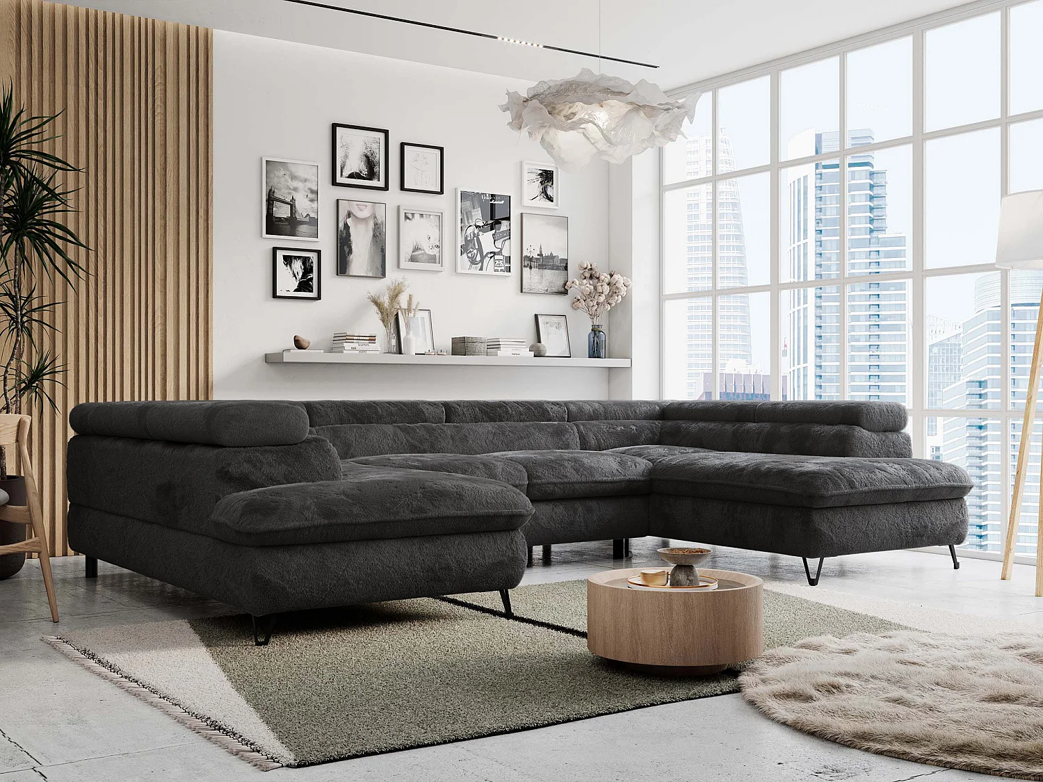 Ecksofa PETER U - schlaffunktion und Bettkästen, verstellbare Kopfstützen - Anthrazit Plüsch