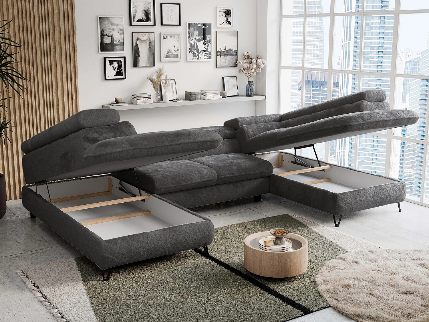 Ecksofa PETER U - schlaffunktion und Bettkästen, verstellbare Kopfstützen - Anthrazit Plüsch