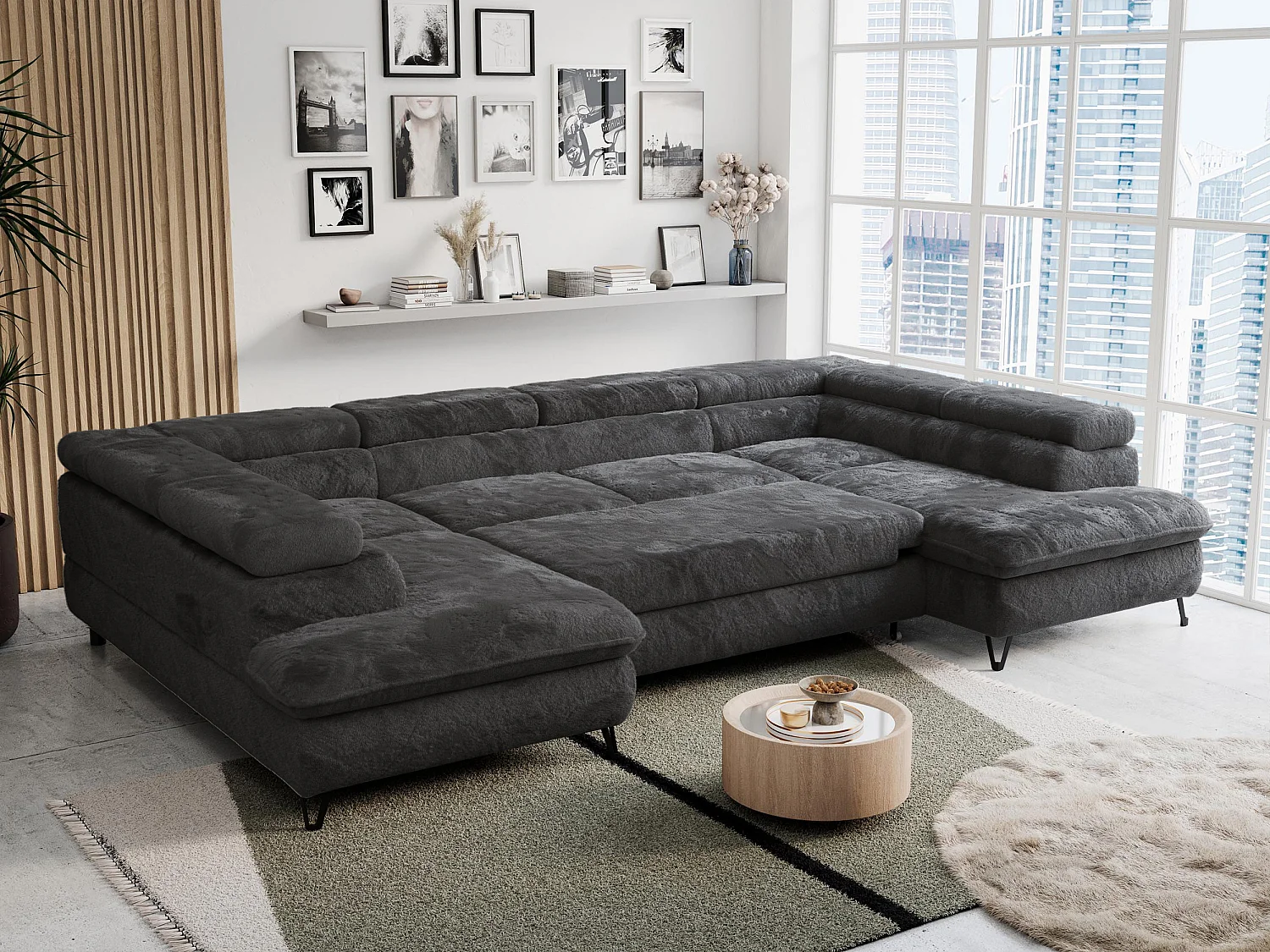 Ecksofa PETER U - schlaffunktion und Bettkästen, verstellbare Kopfstützen - Anthrazit Plüsch