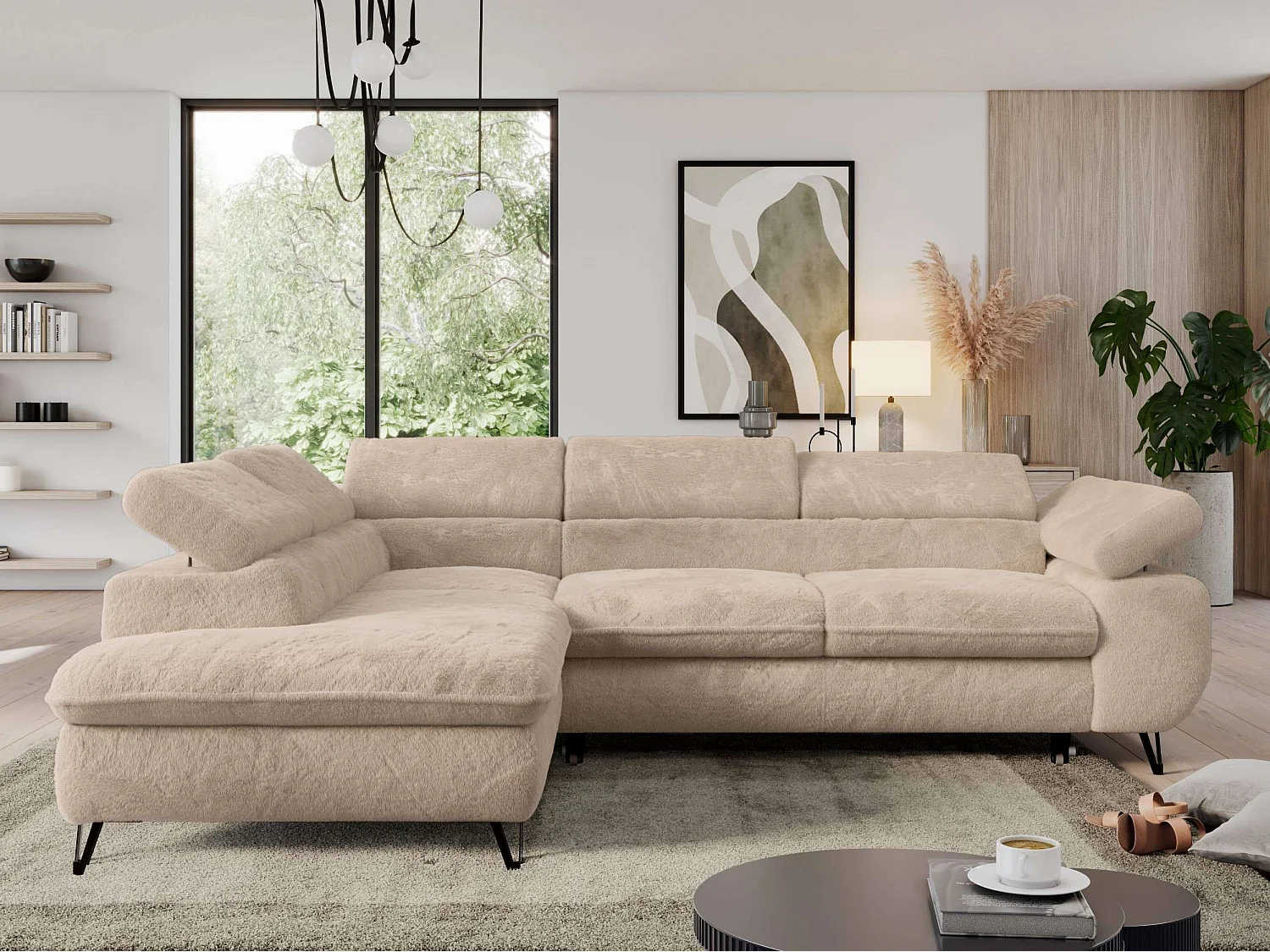 Ecksofa PEDRO - L-Form mit Schlaffunktion 200x125 cm, verstellbaren Kopfstützen - Ivory Plüsch - Ecke Links