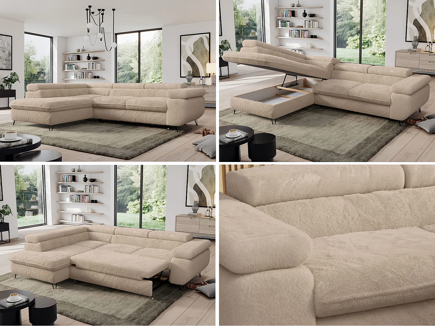 Ecksofa PEDRO - L-Form mit Schlaffunktion 200x125 cm, verstellbaren Kopfstützen - Ivory Plüsch - Ecke Links