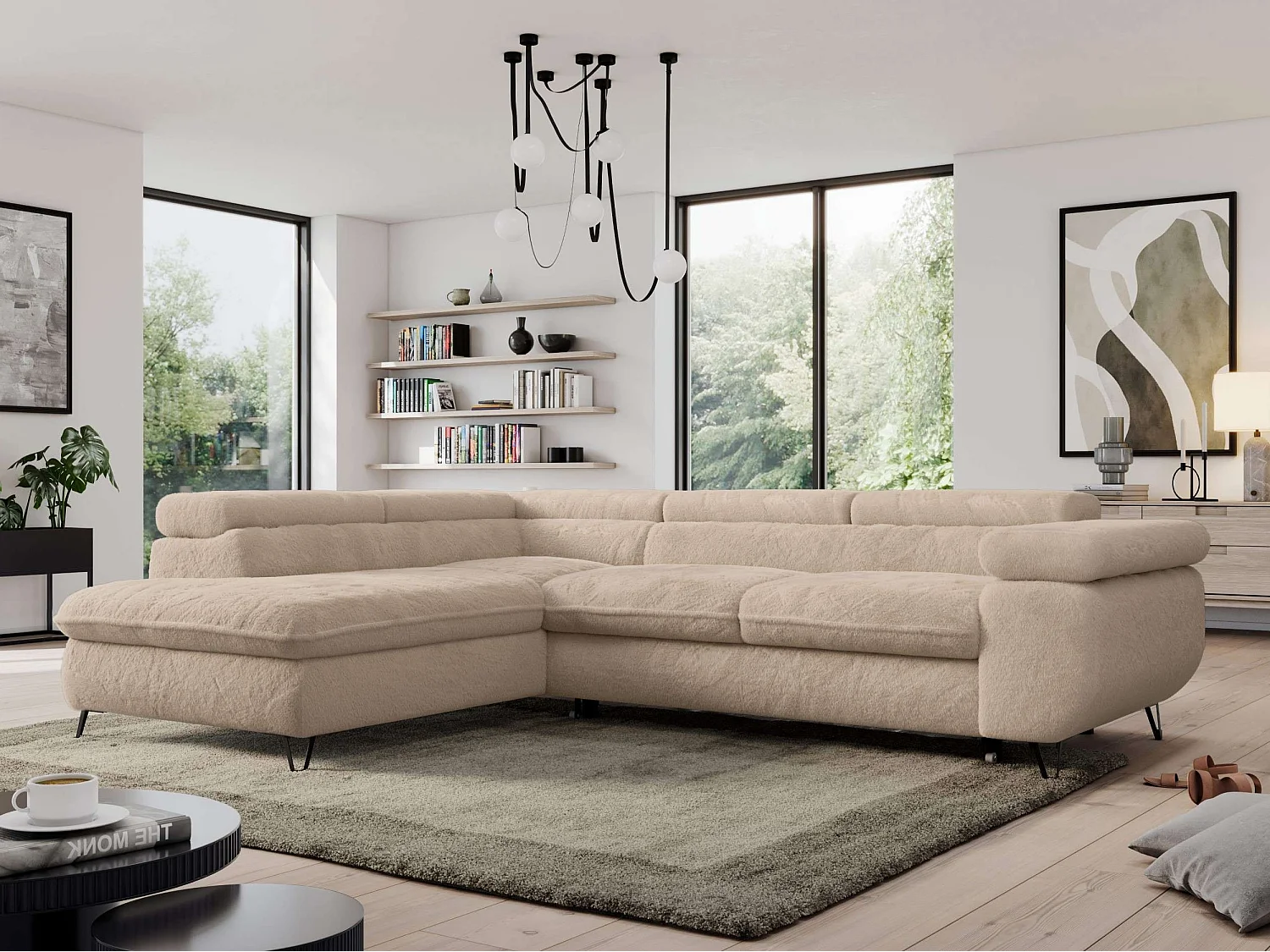 Ecksofa PEDRO - L-Form mit Schlaffunktion 200x125 cm, verstellbaren Kopfstützen - Ivory Plüsch - Ecke Links