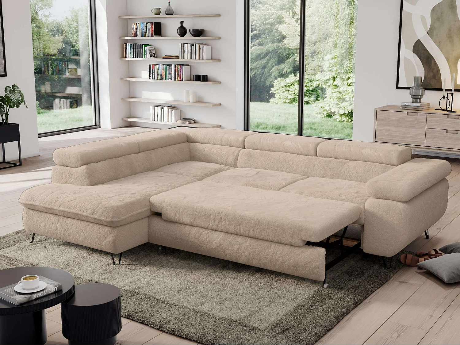 Ecksofa PEDRO - L-Form mit Schlaffunktion 200x125 cm, verstellbaren Kopfstützen - Ivory Plüsch - Ecke Links