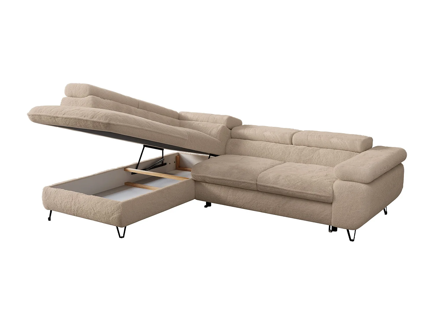 Ecksofa PEDRO - L-Form mit Schlaffunktion 200x125 cm, verstellbaren Kopfstützen - Ivory Plüsch - Ecke Links