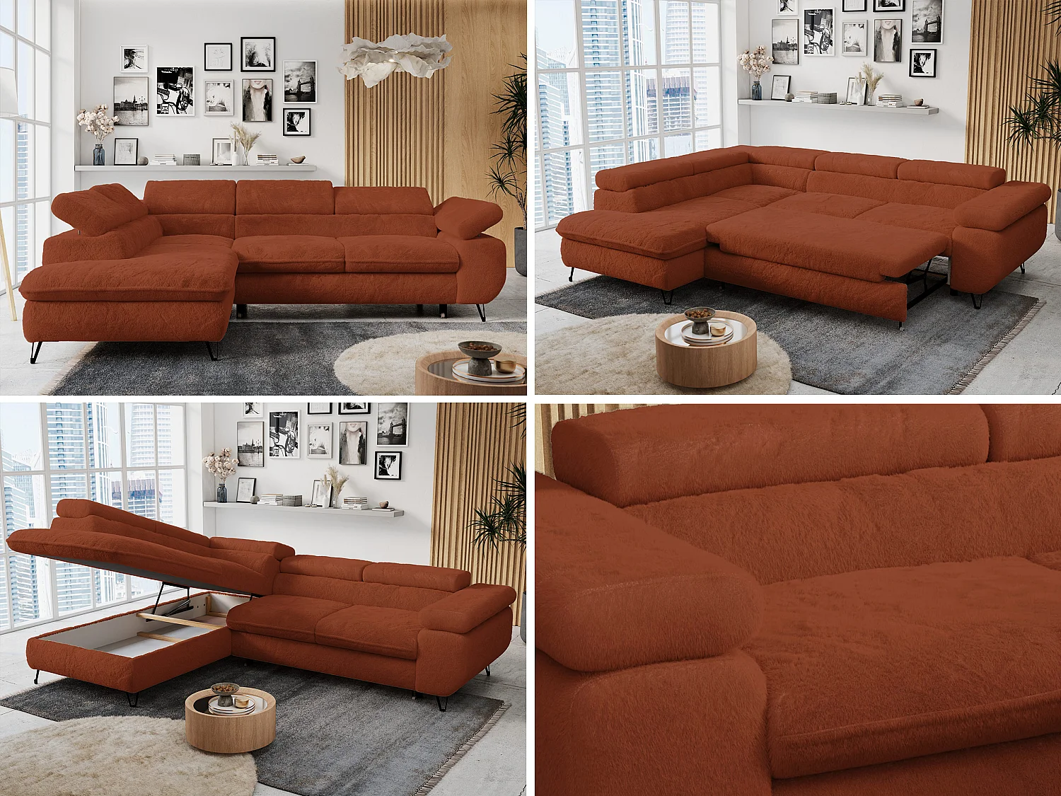 Ecksofa PETER verstellbare Kopfstütze, schlaffunktion - Terracotta Plüsch - Ecke Links