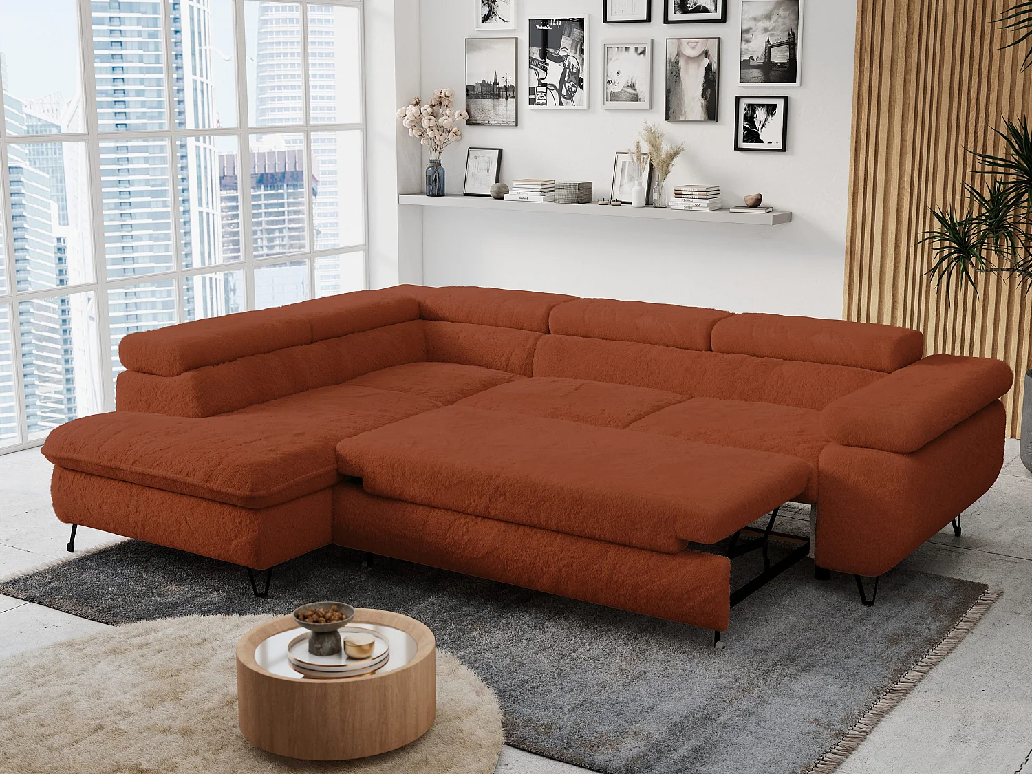 Ecksofa PETER verstellbare Kopfstütze, schlaffunktion - Terracotta Plüsch - Ecke Links