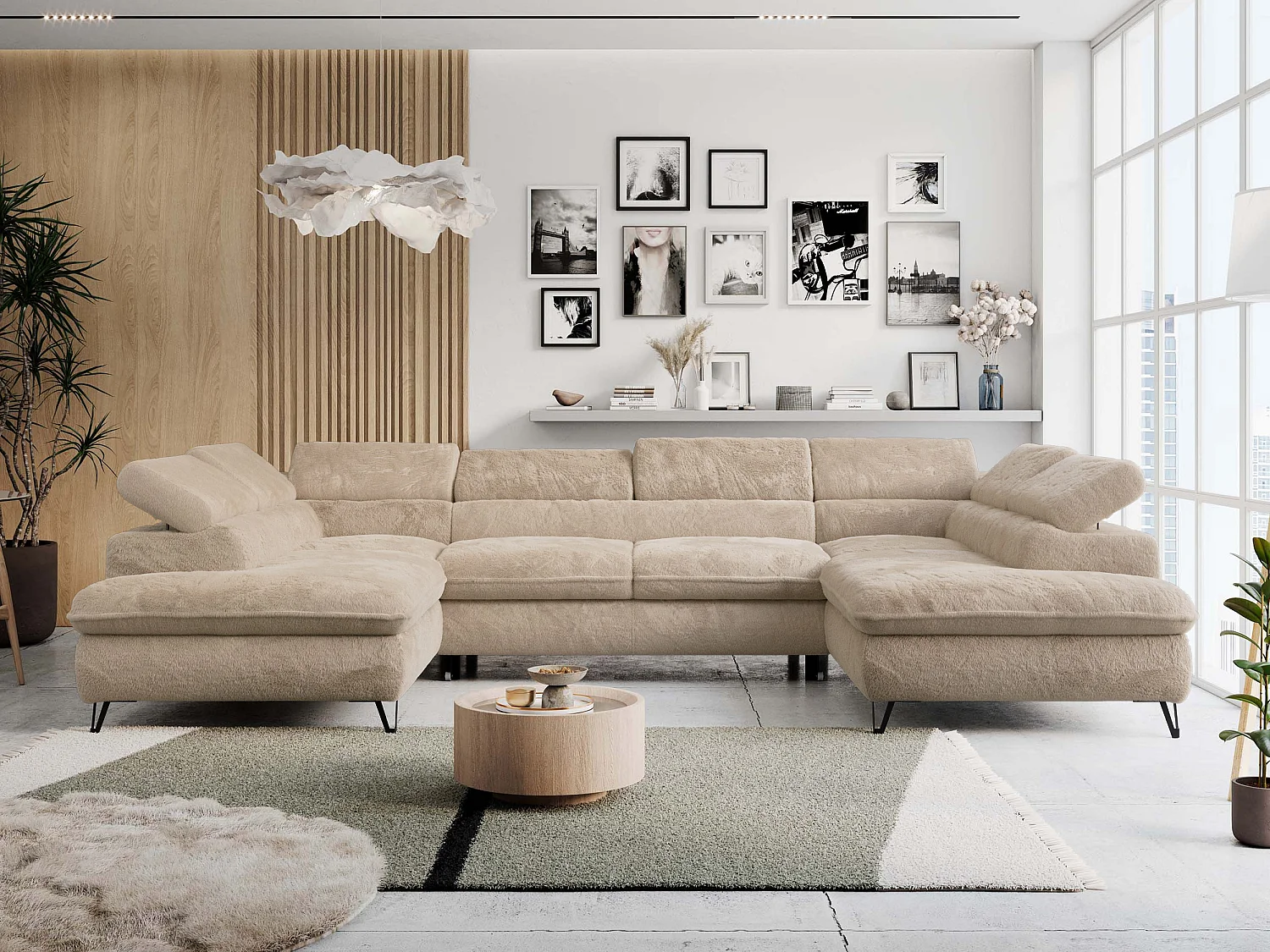 Ecksofa PETER U - schlaffunktion und Bettkästen, verstellbare Kopfstützen - Ivory Plüsch