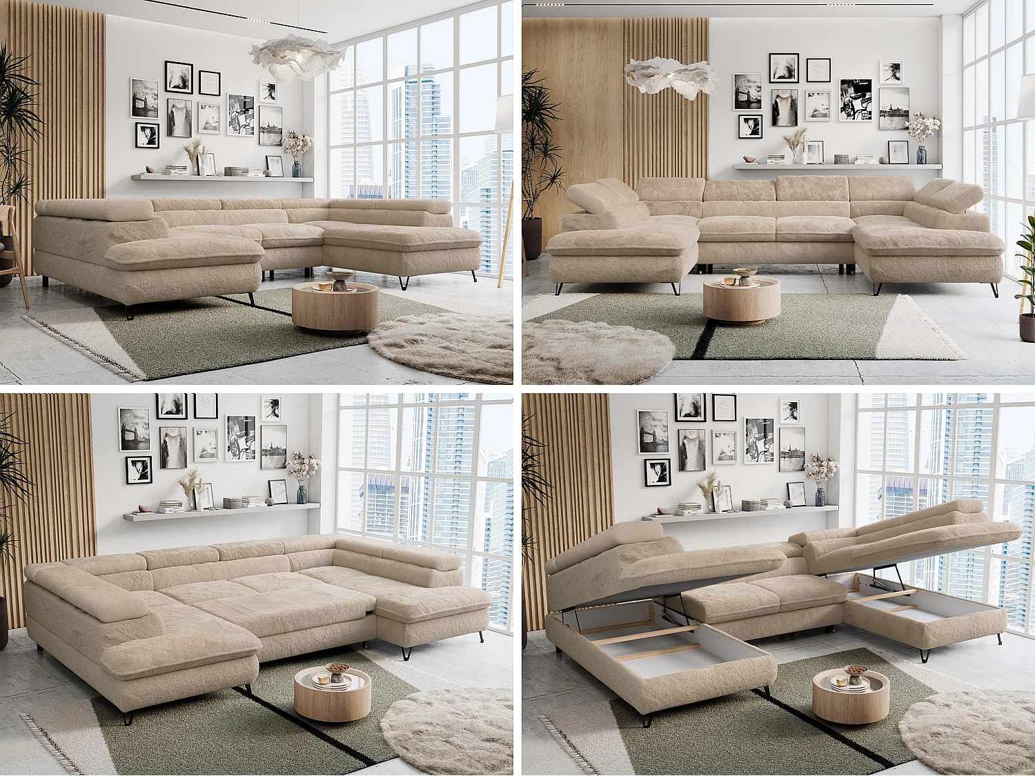 Ecksofa PETER U - schlaffunktion und Bettkästen, verstellbare Kopfstützen - Ivory Plüsch