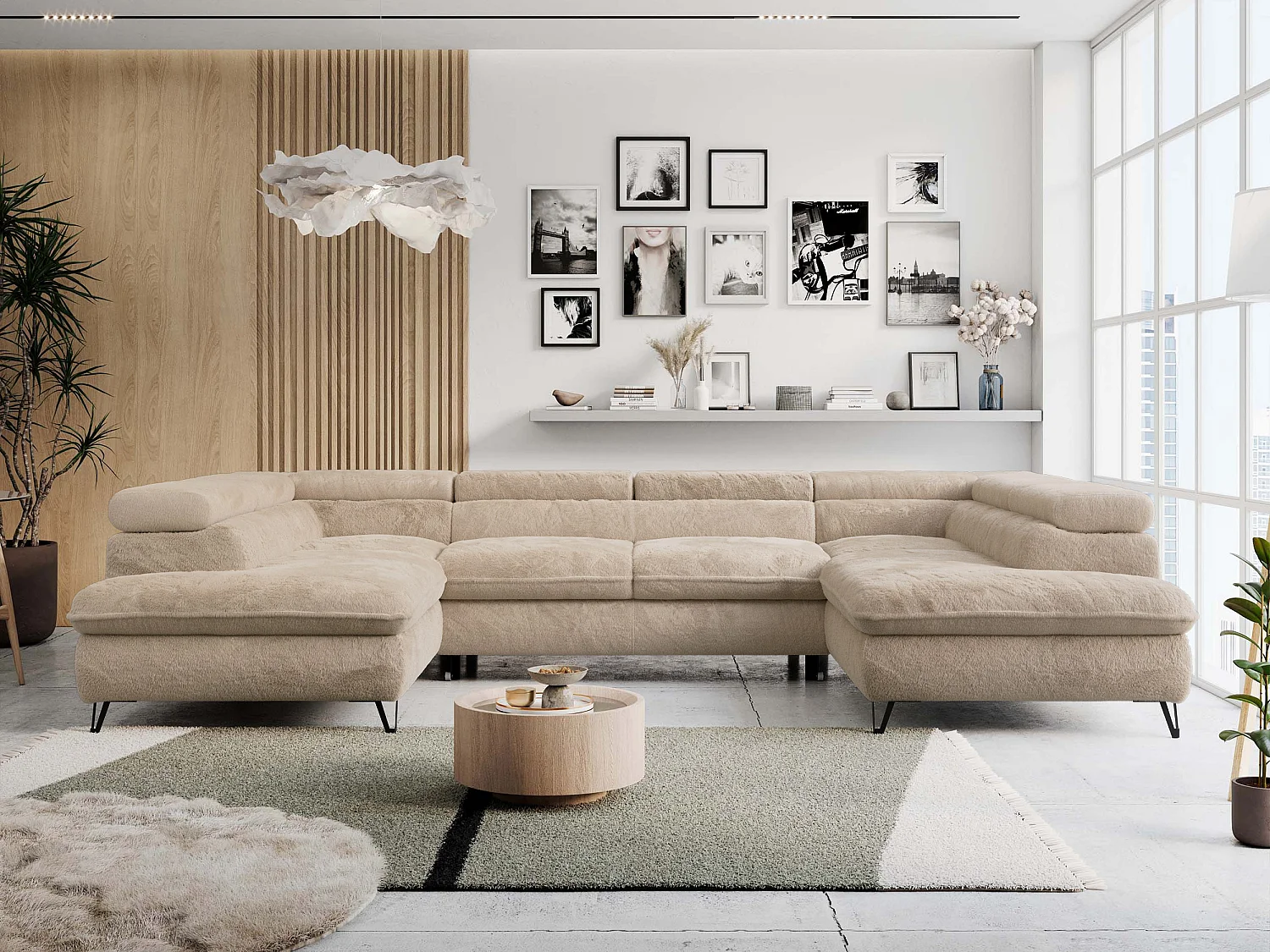 Ecksofa PETER U - schlaffunktion und Bettkästen, verstellbare Kopfstützen - Ivory Plüsch