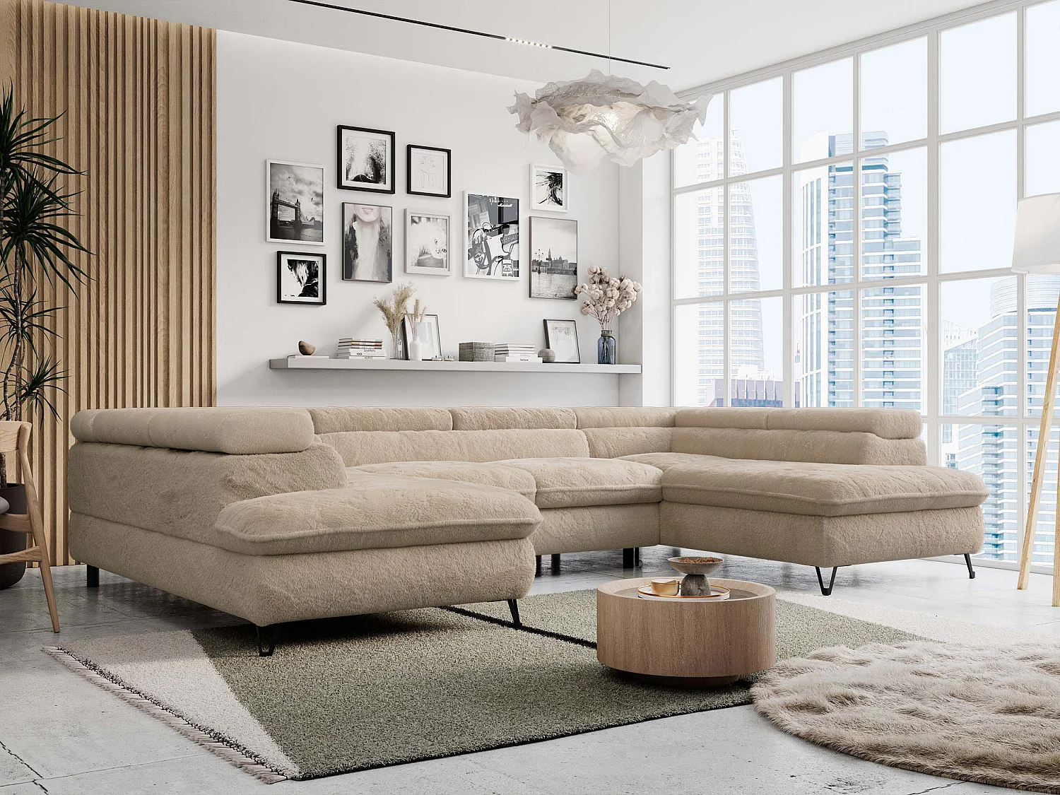 Ecksofa PETER U - schlaffunktion und Bettkästen, verstellbare Kopfstützen - Ivory Plüsch