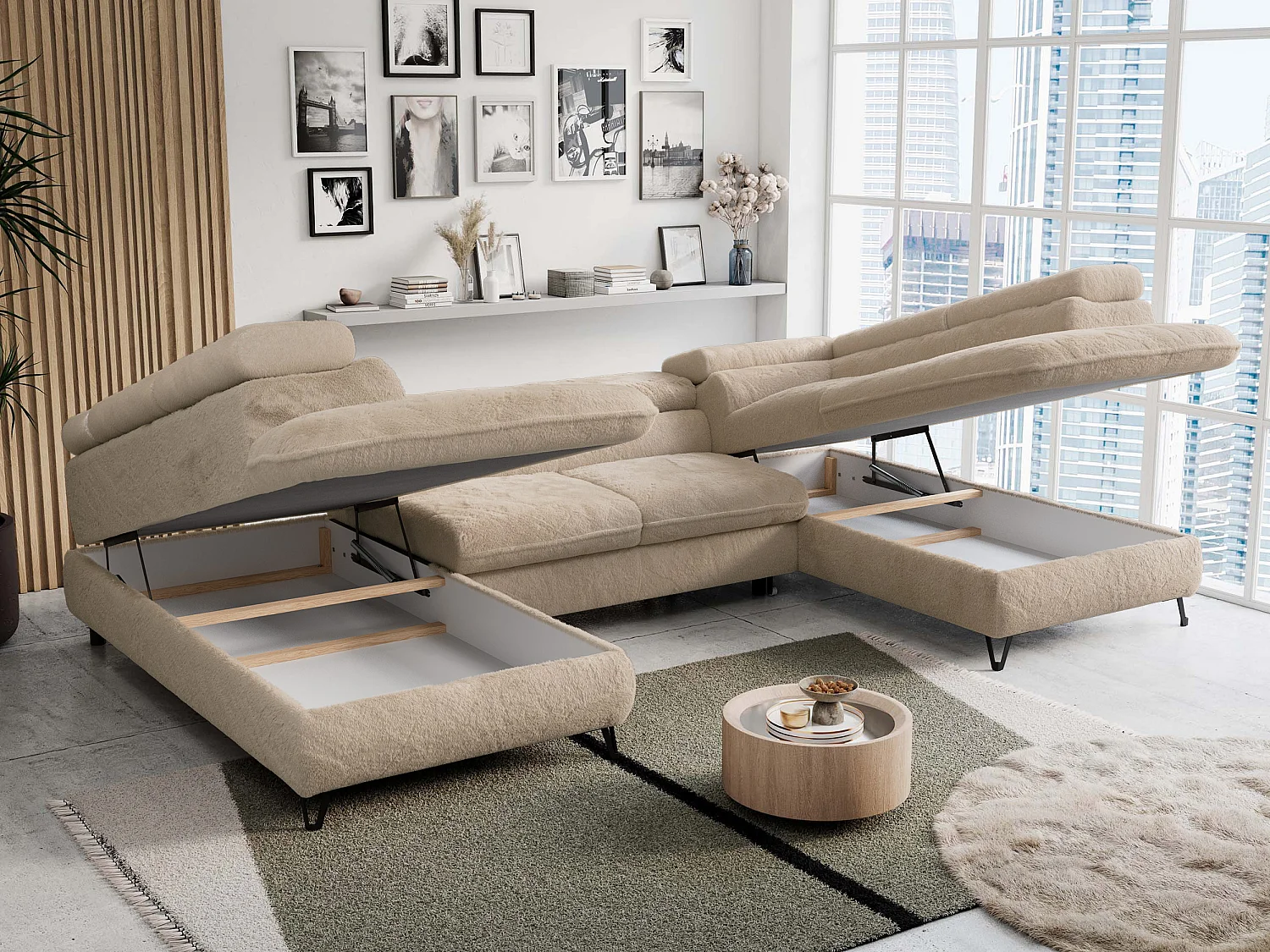 Ecksofa PETER U - schlaffunktion und Bettkästen, verstellbare Kopfstützen - Ivory Plüsch