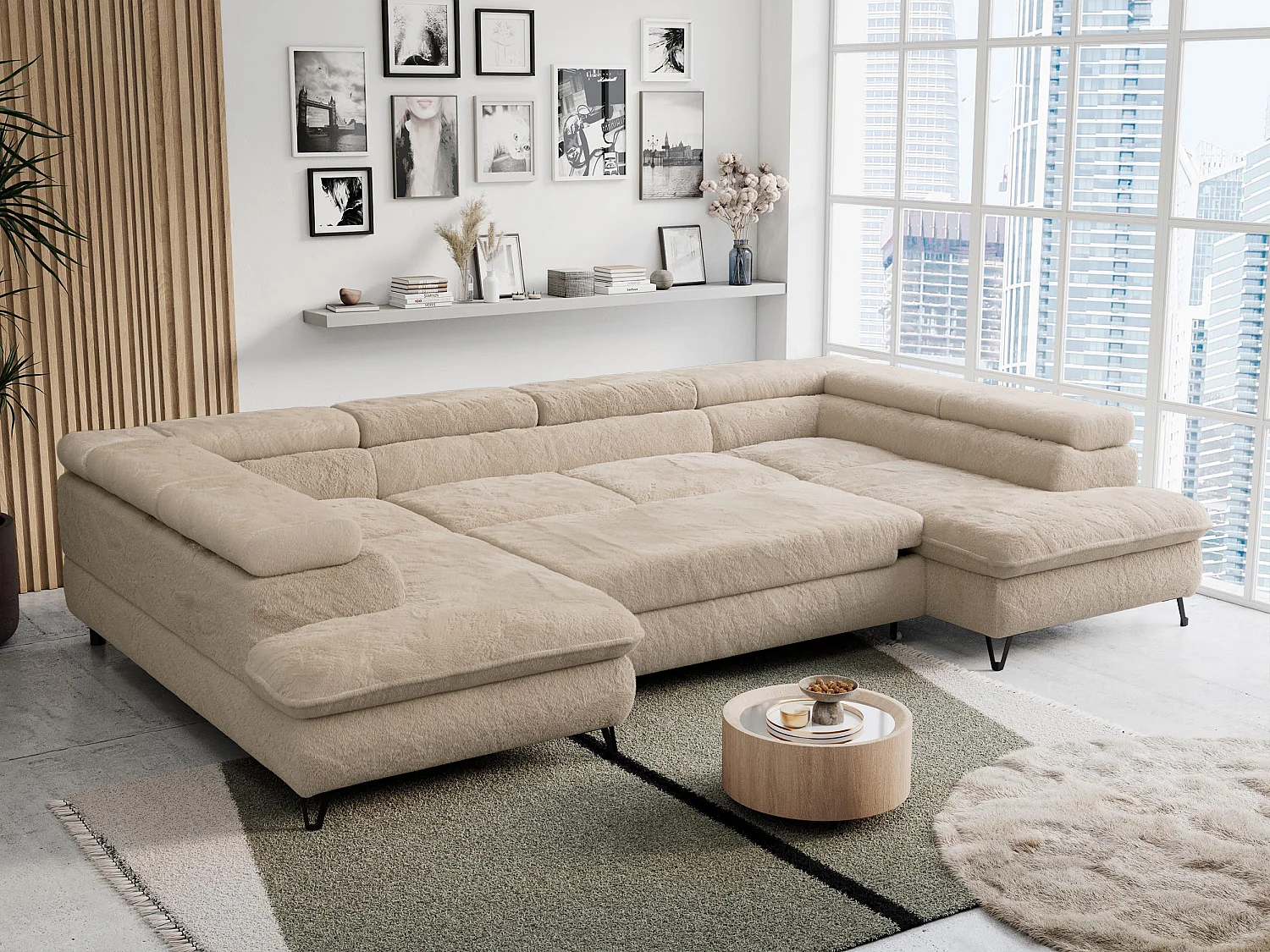 Ecksofa PETER U - schlaffunktion und Bettkästen, verstellbare Kopfstützen - Ivory Plüsch