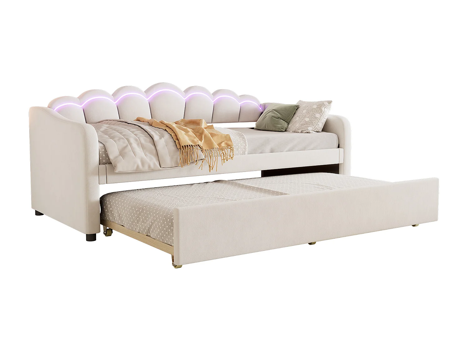 Nestbed 90x200cm, met uitschuifbaar bed voor ruimtebesparing, fluweel beige, RGB LED sfeerverlichting met afstandsbediening (Zonder matras)