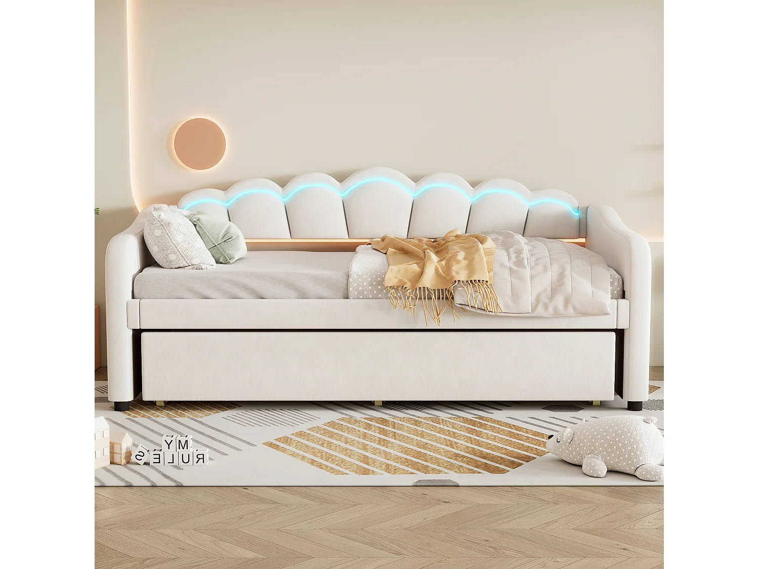 Nestbed 90x200cm, met uitschuifbaar bed voor ruimtebesparing, fluweel beige, RGB LED sfeerverlichting met afstandsbediening (Zonder matras)