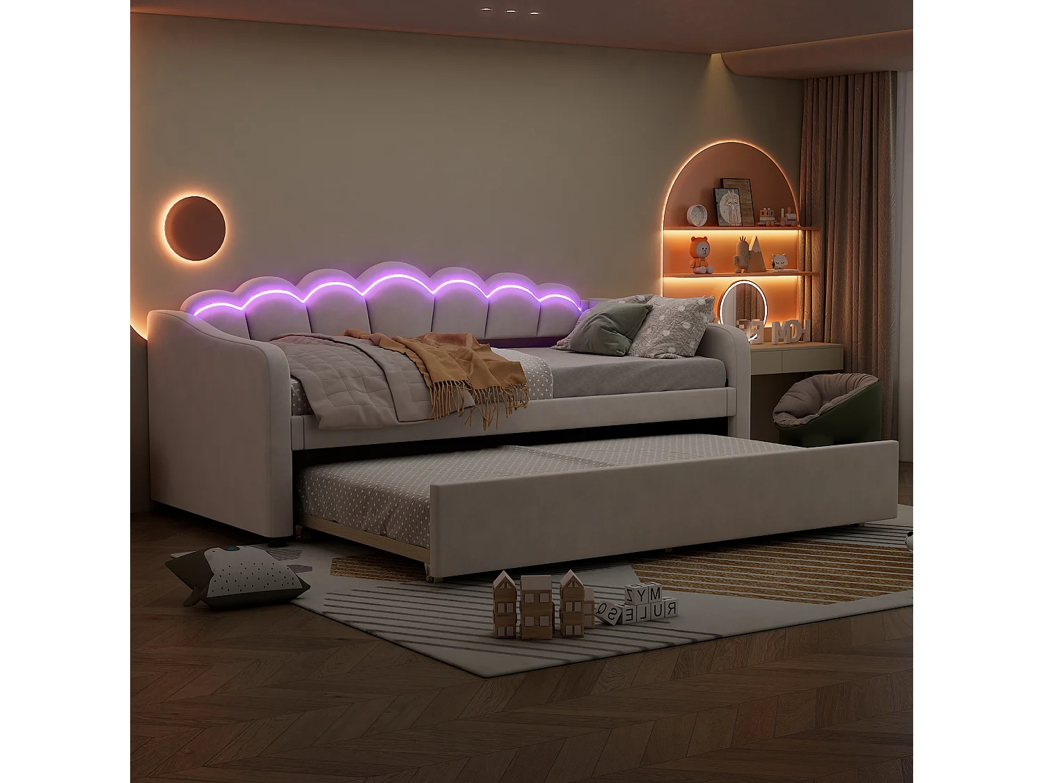 Nestbed 90x200cm, met uitschuifbaar bed voor ruimtebesparing, fluweel beige, RGB LED sfeerverlichting met afstandsbediening (Zonder matras)