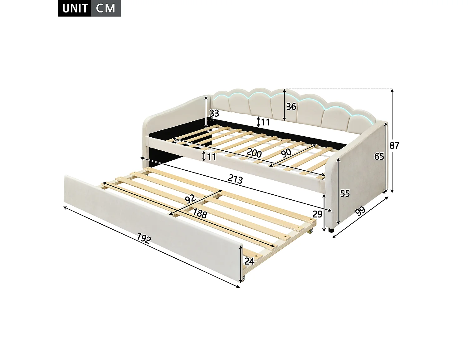 Nestbed 90x200cm, met uitschuifbaar bed voor ruimtebesparing, fluweel beige, RGB LED sfeerverlichting met afstandsbediening (Zonder matras)