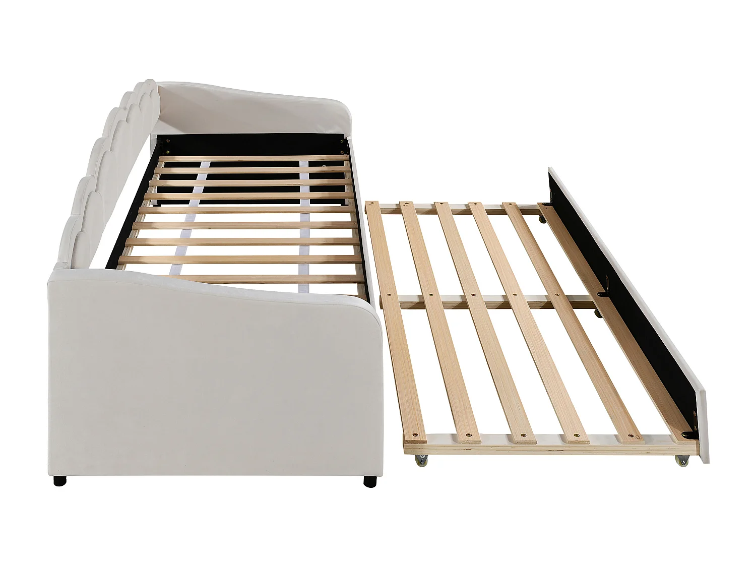 Nestbed 90x200cm, met uitschuifbaar bed voor ruimtebesparing, fluweel beige, RGB LED sfeerverlichting met afstandsbediening (Zonder matras)