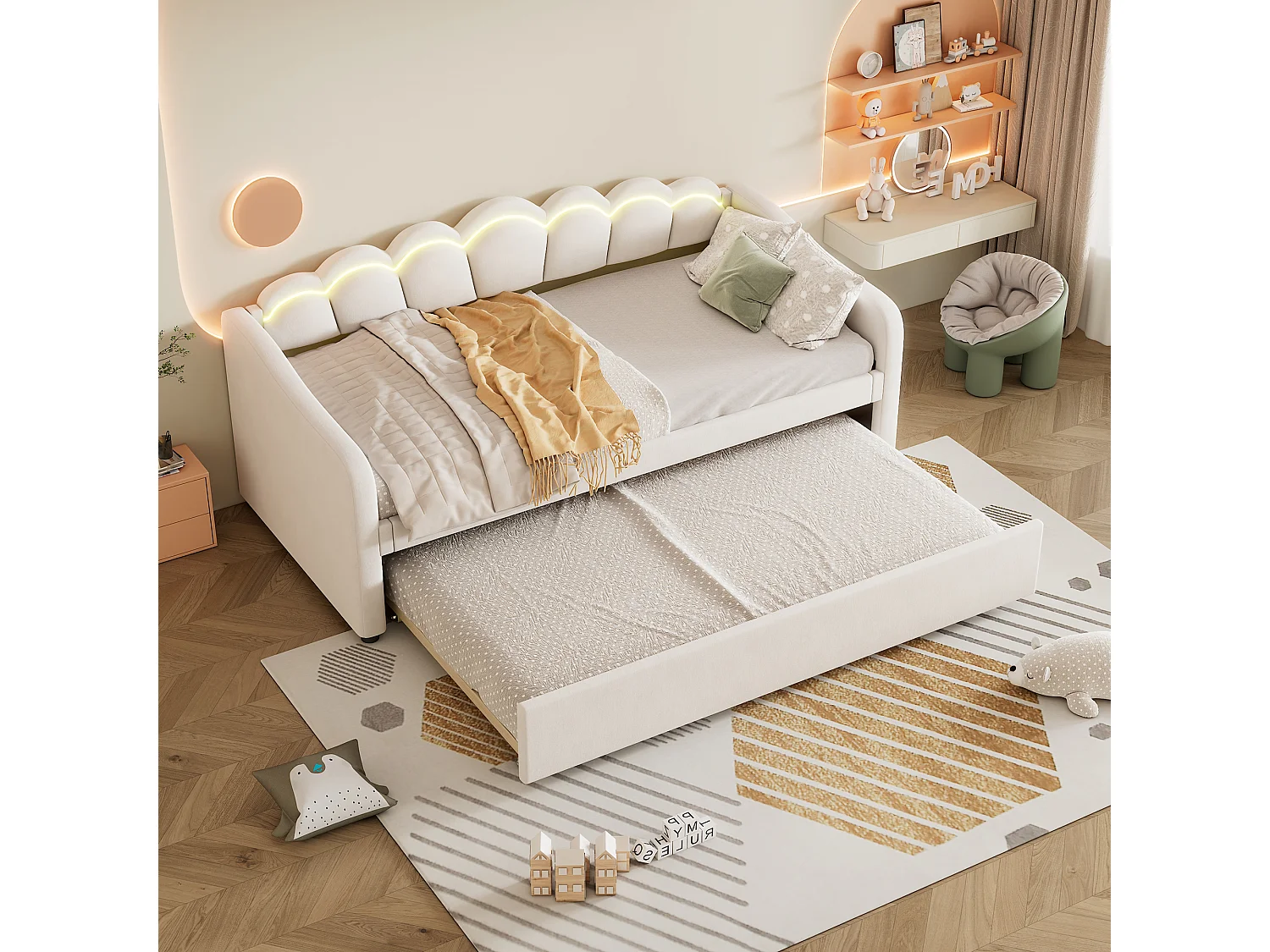 Nestbed 90x200cm, met uitschuifbaar bed voor ruimtebesparing, fluweel beige, RGB LED sfeerverlichting met afstandsbediening (Zonder matras)