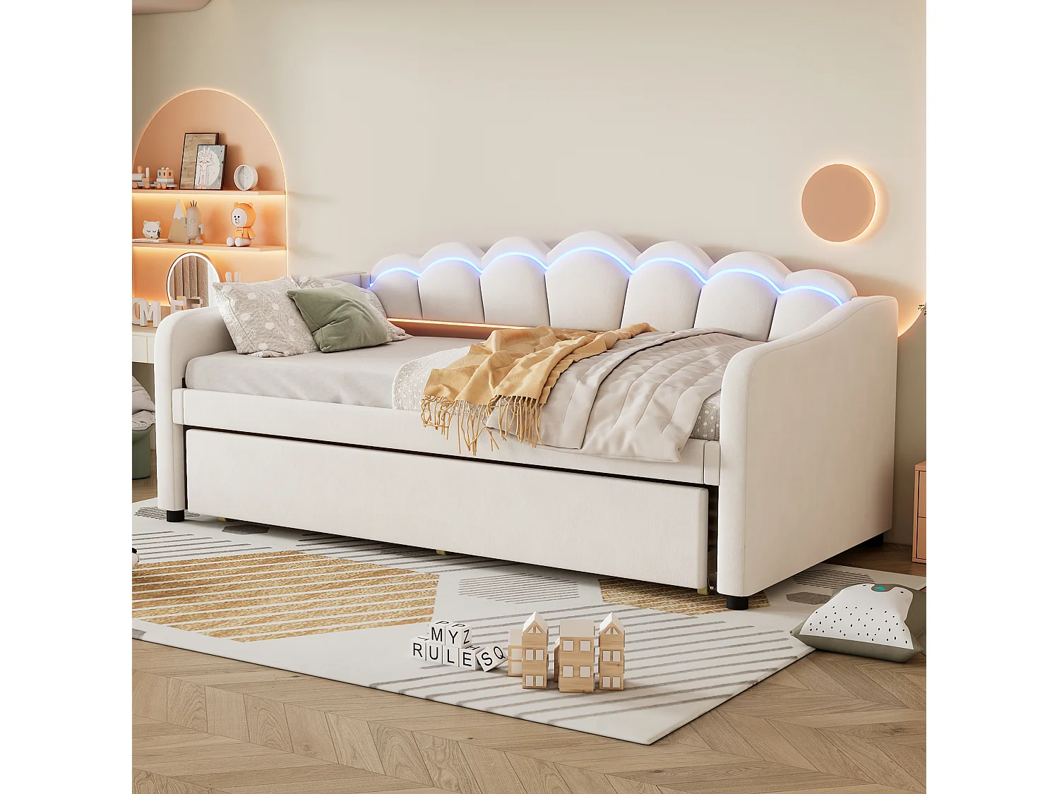 Nestbed 90x200cm, met uitschuifbaar bed voor ruimtebesparing, fluweel beige, RGB LED sfeerverlichting met afstandsbediening (Zonder matras)
