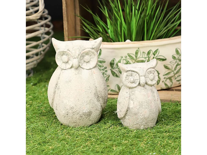 Statuette statue décorative jardin hibou ciment gris vieilli 19cm
