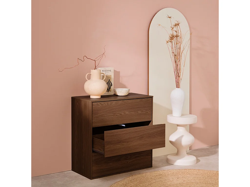 Modulo di stoccaggio decorativo in legno 3 cassetti, noce